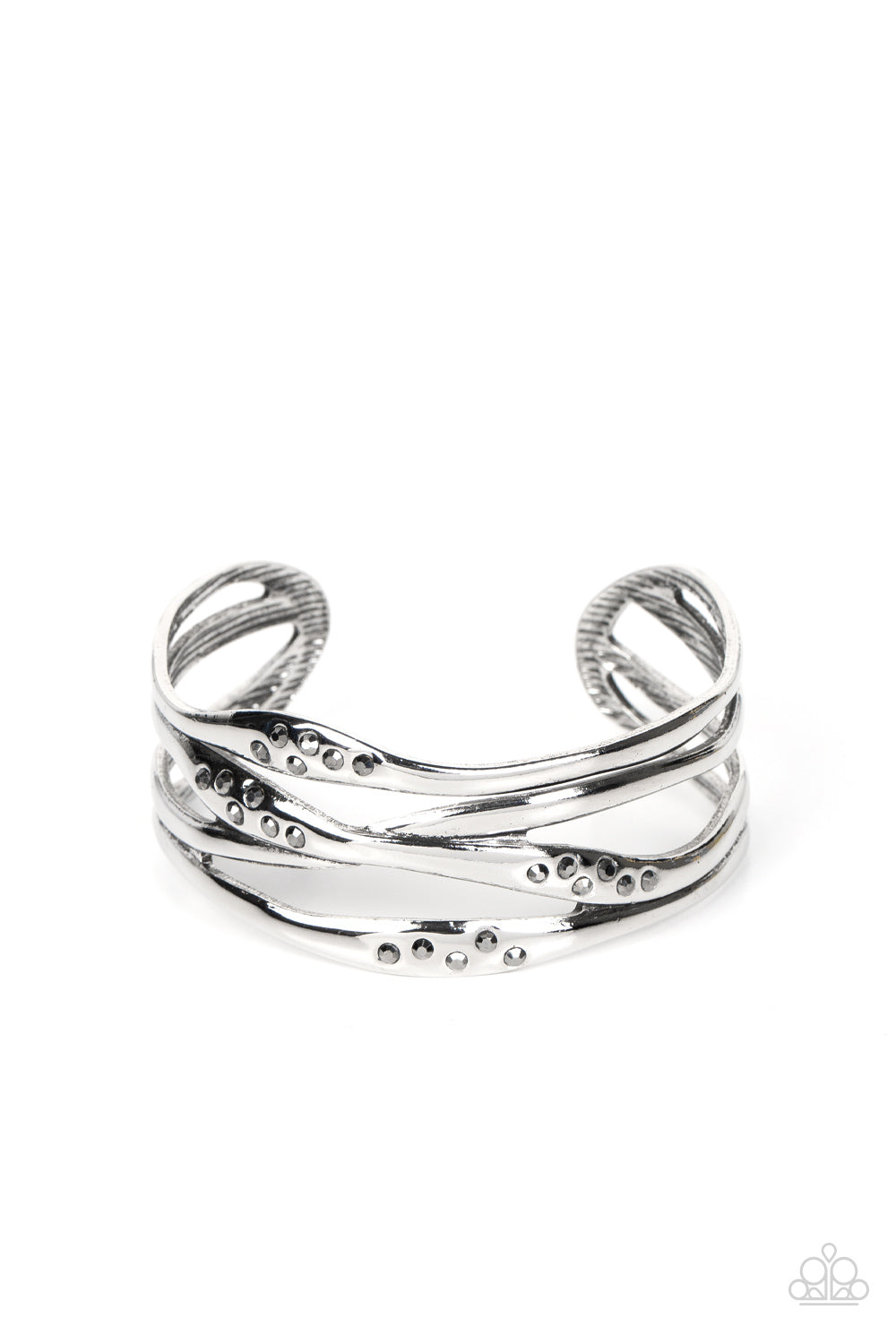 Paparazzi Accessories Line It Up - Silver Dusted in sections of dainty hematite rhinestones, asymmetrical silver bars boldly crisscross the wrist into a gritty yet glamorous cuff. Sold as one individual bracelet. Jewelry