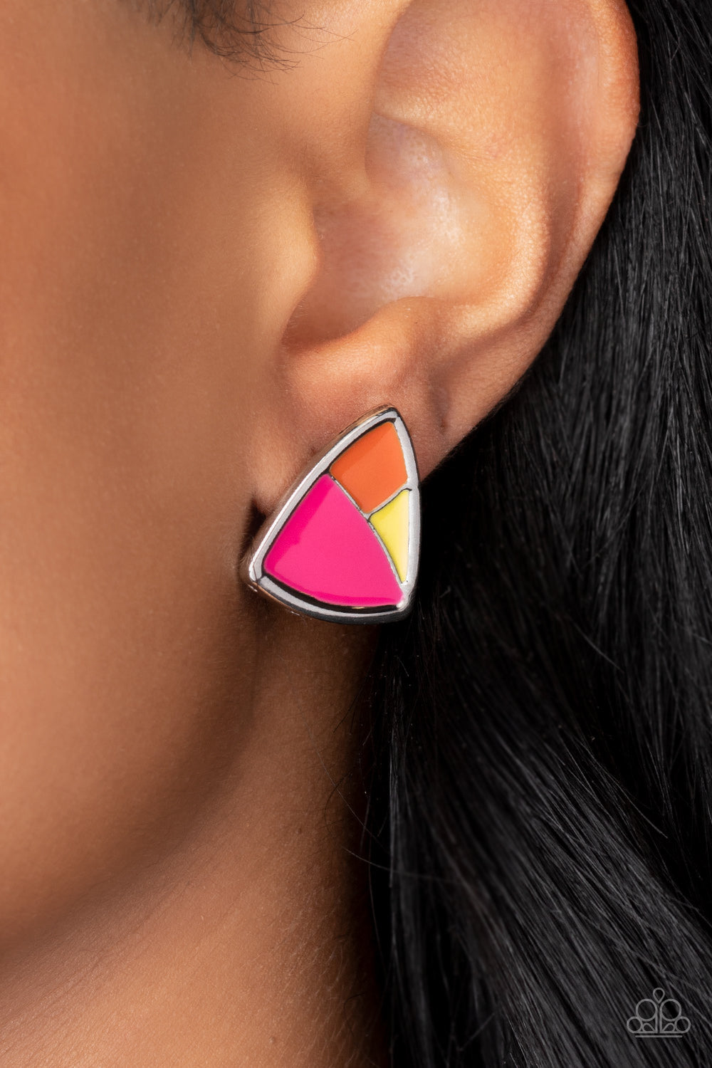 Paparazzi Accessories Kaleidoscopic Collision - Multi A collision of Daffodil, Innuendo, and orange painted accents beam inside an asymmetric triangular frame for a contemporary pop of color. Earring attaches to a standard post fitting. Sold as one pair o