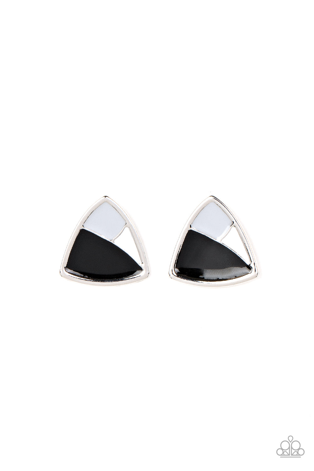Paparazzi Accessories Kaleidoscopic Collision - Black A collision of Northern Droplet, black, and white painted accents beam inside an asymmetric triangular frame for a contemporary pop of color. Earring attaches to a standard post fitting. Sold as one pa
