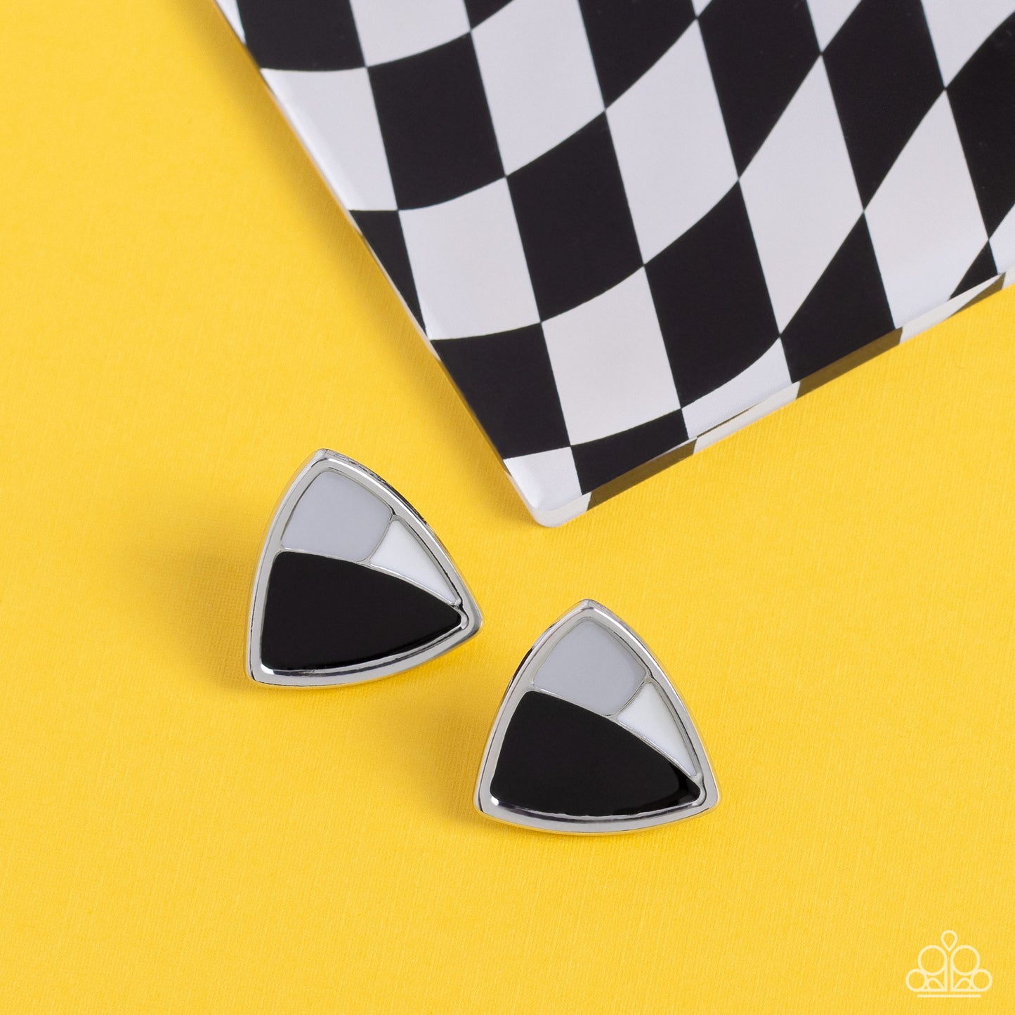 Paparazzi Accessories Kaleidoscopic Collision - Black A collision of Northern Droplet, black, and white painted accents beam inside an asymmetric triangular frame for a contemporary pop of color. Earring attaches to a standard post fitting. Sold as one pa
