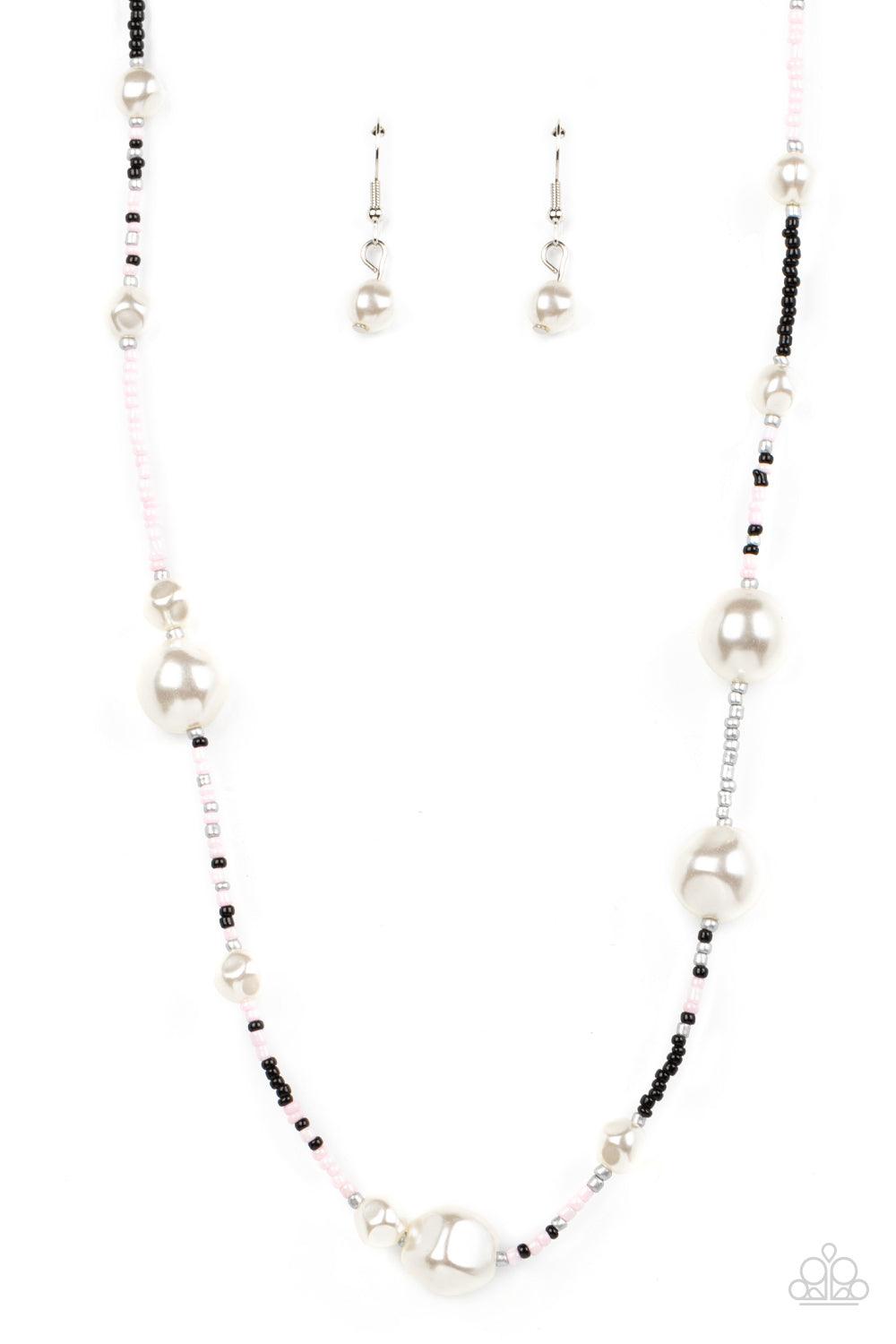 Paparazzi Accessories Modern Marina - Pink Irregular-shaped pearls in varying sizes are scattered amongst Gossamer Pink, black, and silvery seed beads that are threaded along a wire, resulting in a refreshing and playful style below the collar. Features a