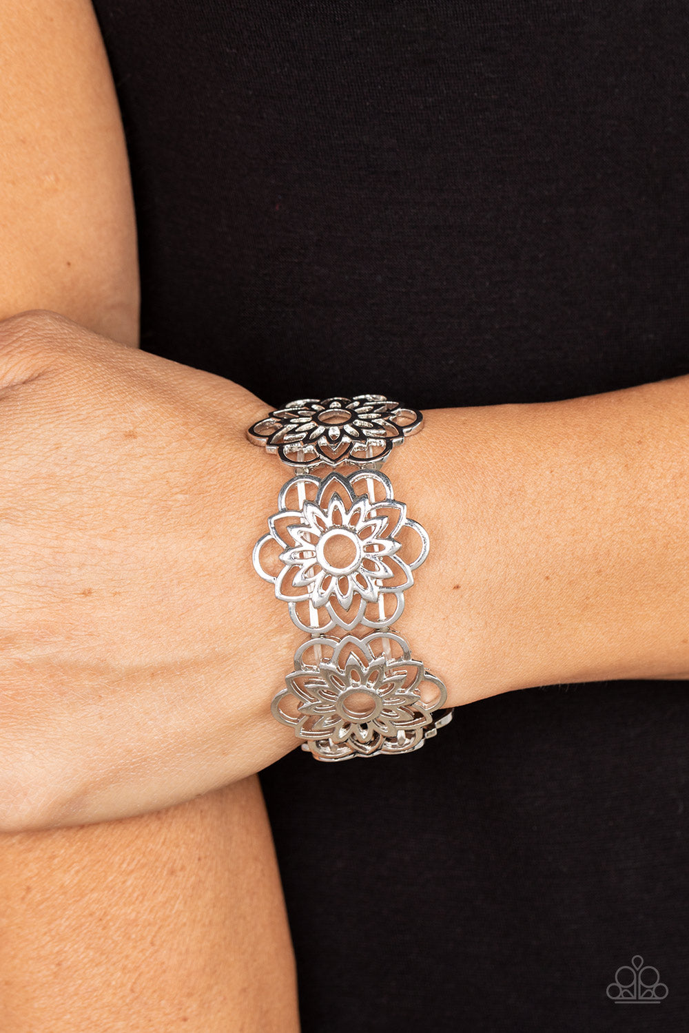 Paparazzi Accessories Baroque Bouquet - Silver Airy silver petals bloom into mandala-like blossoms along stretchy bands around the wrist, creating a regal floral pattern. Sold as one individual bracelet. Bracelets