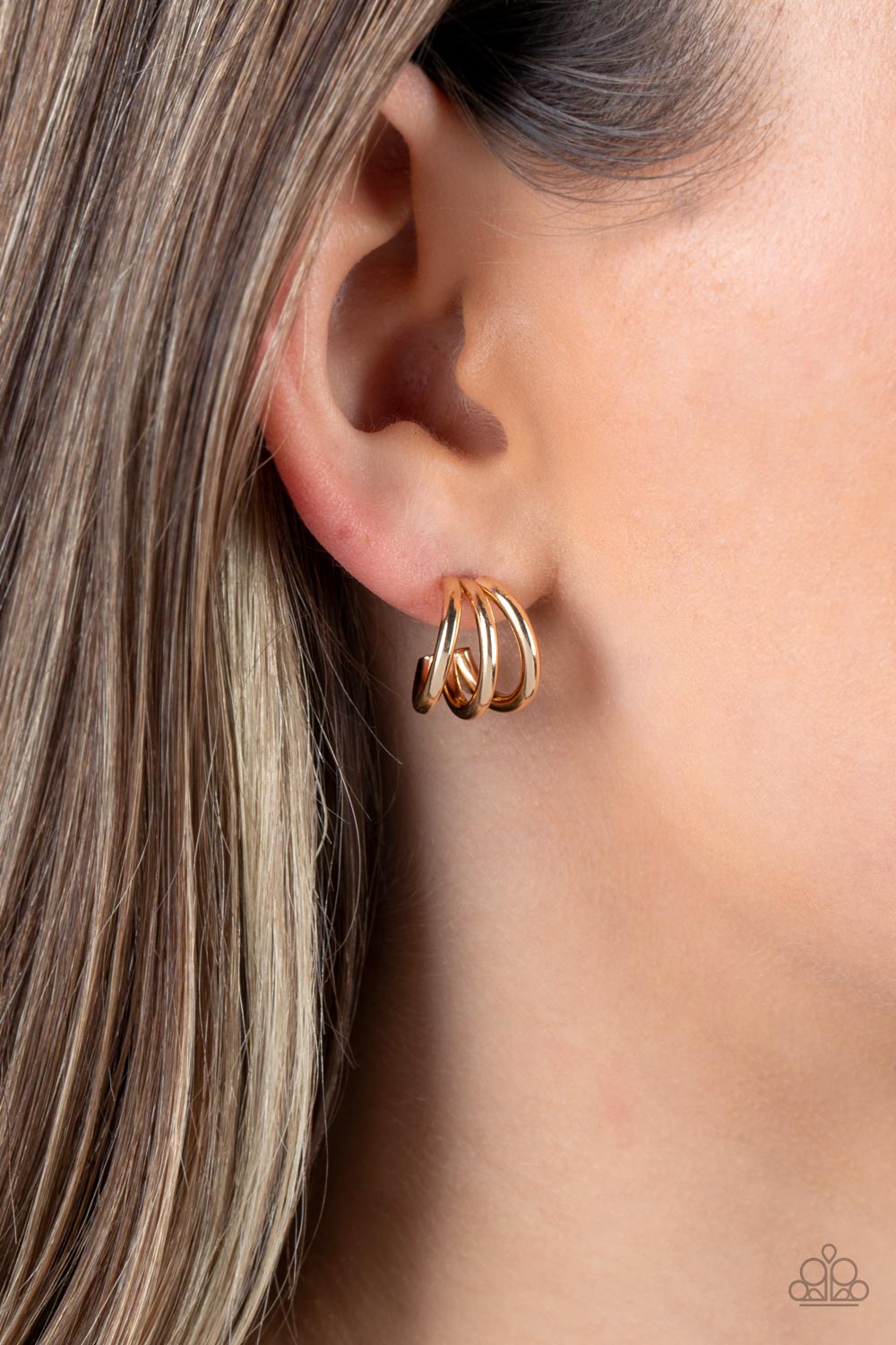 Paparazzi Accessories TRIPLE Down - Gold Three dainty gold frames curve into a single hoop, creating a layered peek of shimmer. Earring attaches to a standard post fitting. Hoop measures approximately 1/2" in diameter. Sold as one pair of hoop earrings. J