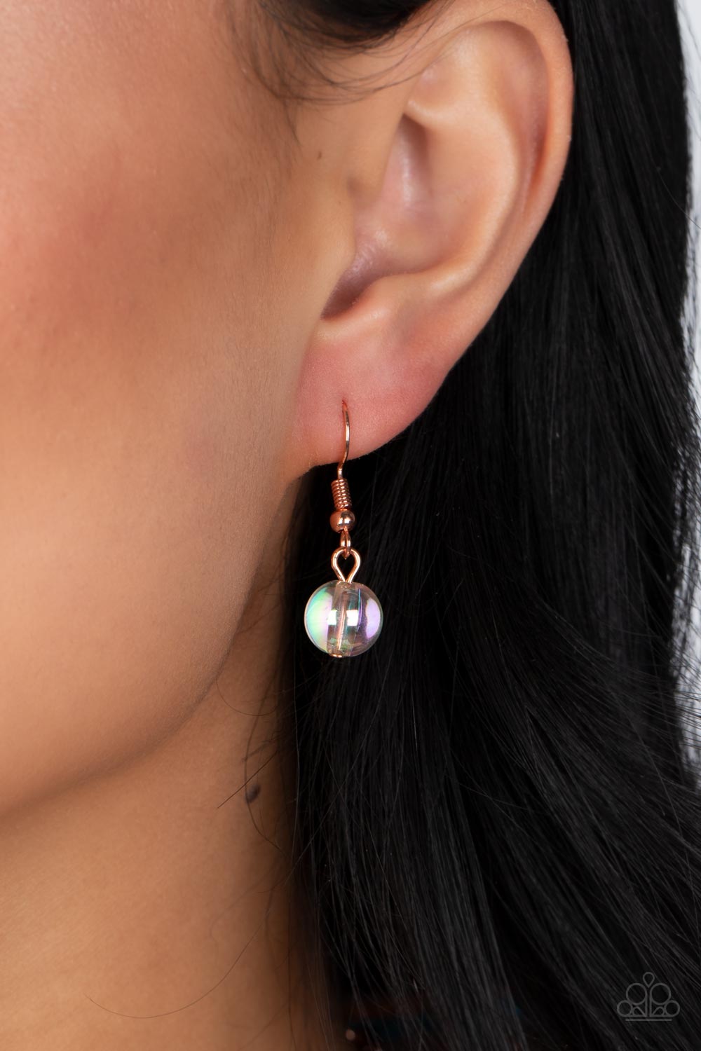 Paparazzi Accessories Prismatic Magic - Copper Bubbly iridescent beads in varying sizes drape along the collar, creating a glittery magical effect. Shiny copper cap fittings wrap around the smaller beads, adding vintage metallic detail to the effervescent