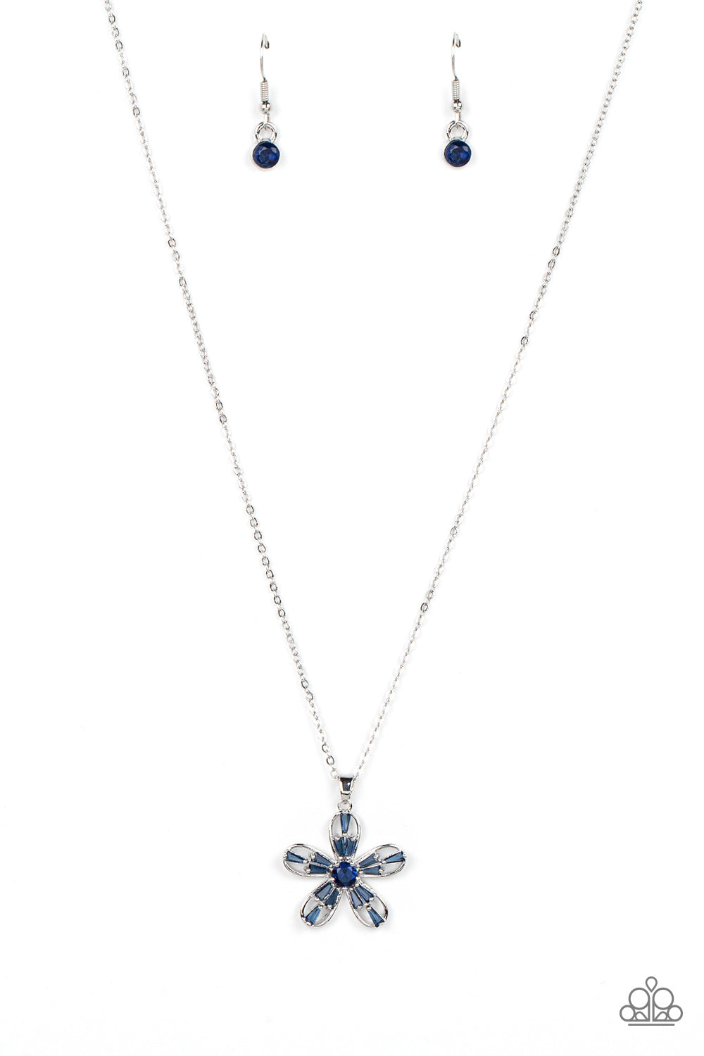 Paparazzi Accessories Botanical Ballad - Blue Emerald cut Skydiver rhinestones are scattered across the front of airy silver petals that bloom from a Skydiver rhinestone center, resulting in a sparkly floral pendant below the collar. Features an adjustabl
