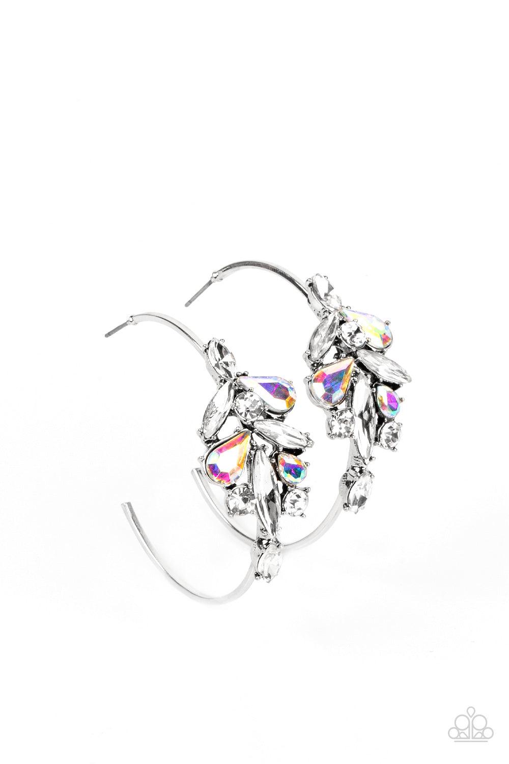 Paparazzi Accessories Arctic Attitude - Multi Featuring icy white and iridescent finishes, a fragmented cluster of teardrop, marquise, and round gems attach to a smooth silver hoop. Set in pronged fittings, the glittery gems create instant edge and attitu