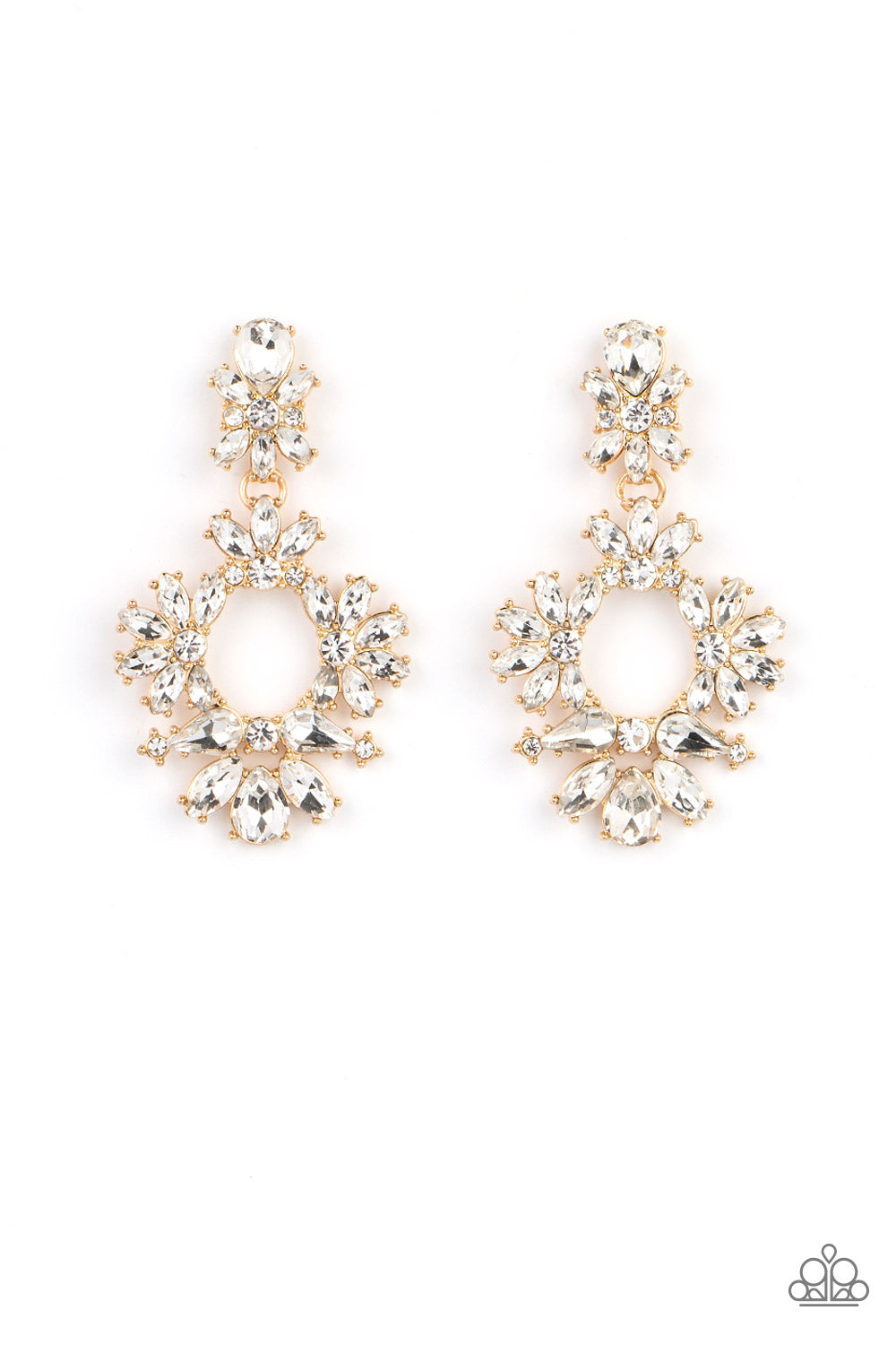 Paparazzi Accessories Leave them Speechless - Gold Ablaze with a mismatched assortment of brilliant white rhinestones, a stunning gold wreath swings from the bottom of a dainty white rhinestone fitting for a jaw-dropping dazzle. Earring attaches to a stan