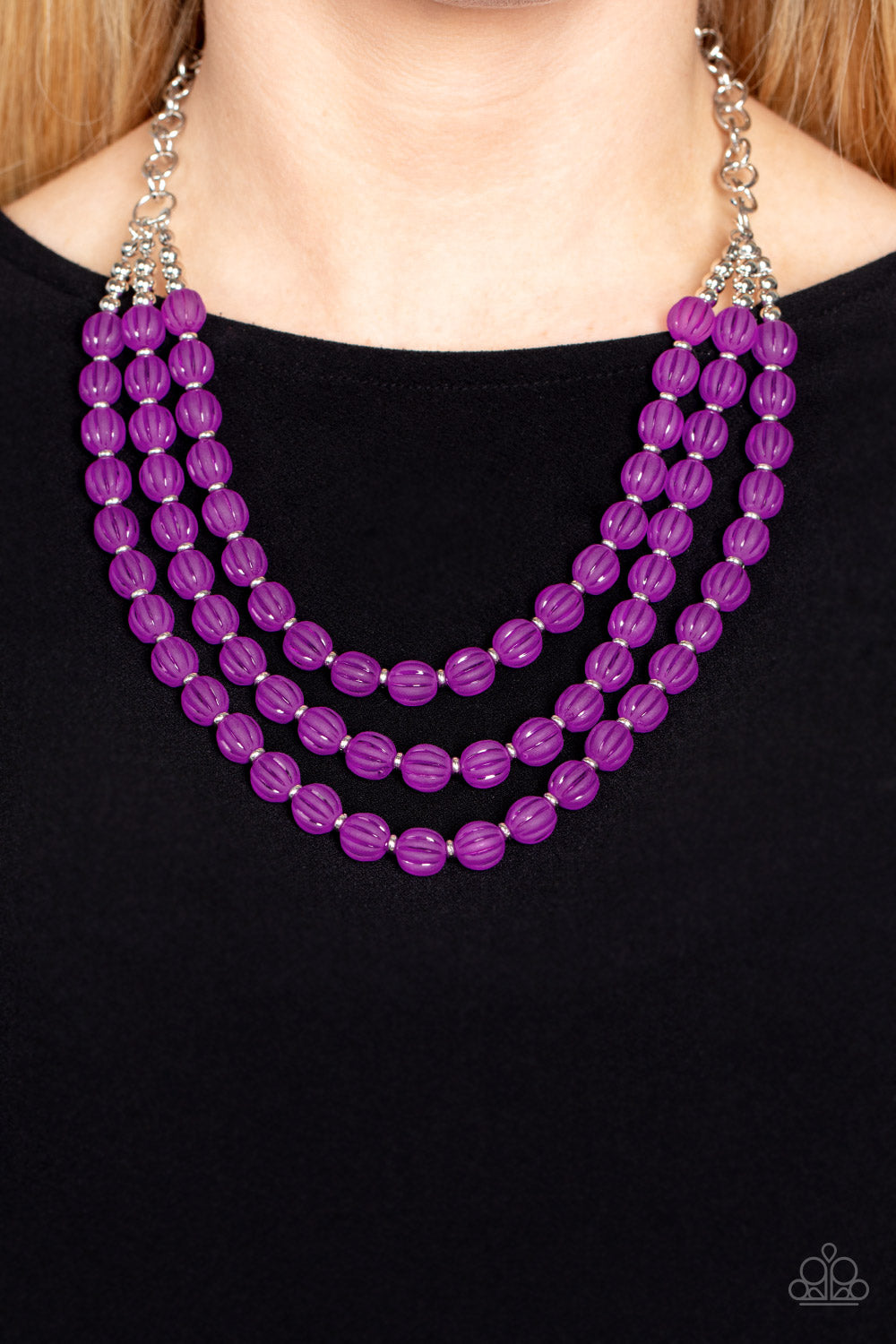 Paparazzi Accessories Summer Surprise - Purple Attached and separated by shiny silver beads, three rows of vibrant Dahlia-striped acrylic beads layer across the collar creating a colorful canvas. Features an adjustable clasp closure. Sold as one individua