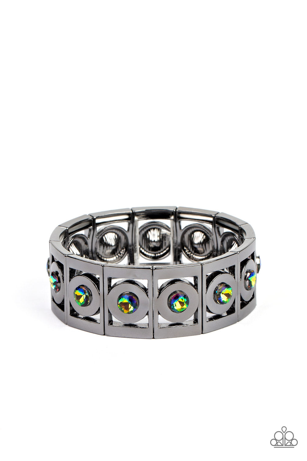 Paparazzi Accessories Stretch of Drama - Multi Vibrant oil spill rhinestones are encased in thick, circular gunmetal borders and nestled inside rectangular frames with the same metallic sheen. The frames are threaded along stretchy elastic bands, wrapping