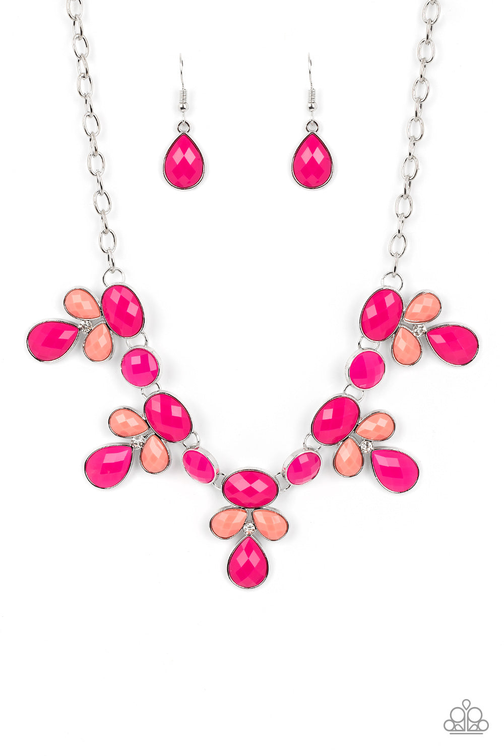 Paparazzi Accessories Midsummer Meadow - Pink Featuring dizzying faceted finishes, a collection of oval, round, and teardrop shaped beads in vibrant shades of coral and Pink Peacock cluster into colorful frames around dainty white rhinestones. The whimsic