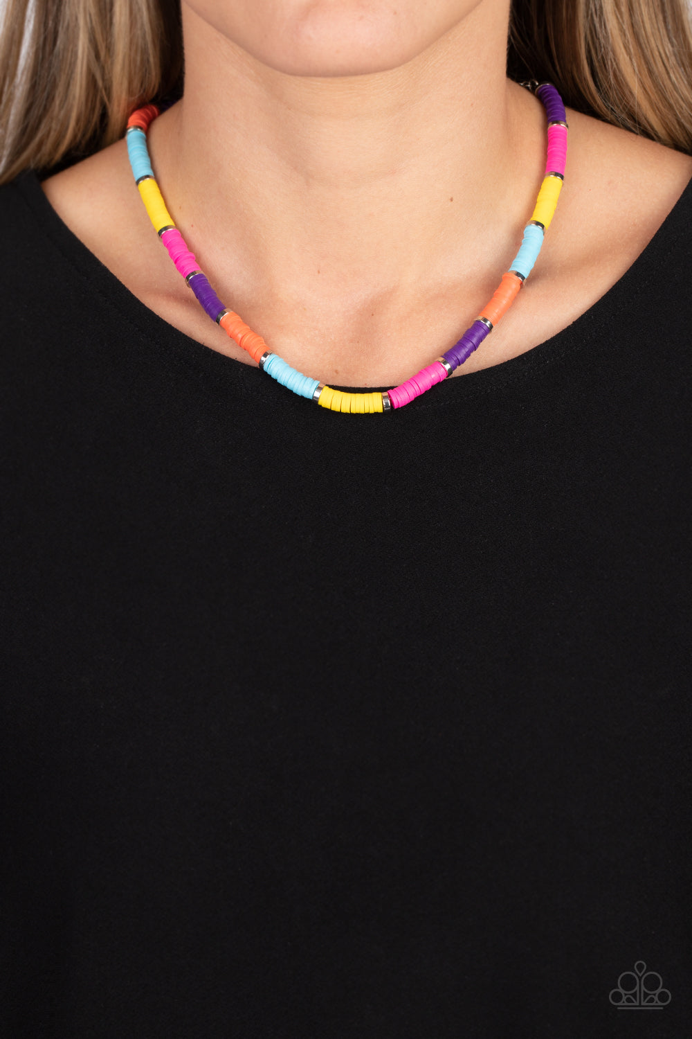 Paparazzi Accessories Rainbow Road - Multi Rubber discs in shades of Pink Peacock, Samoan Sun, Orange Tiger, purple, and turquoise are threaded along an invisible wire, adorning the collar in a courageous pop of color. Shiny silver discs separate the band