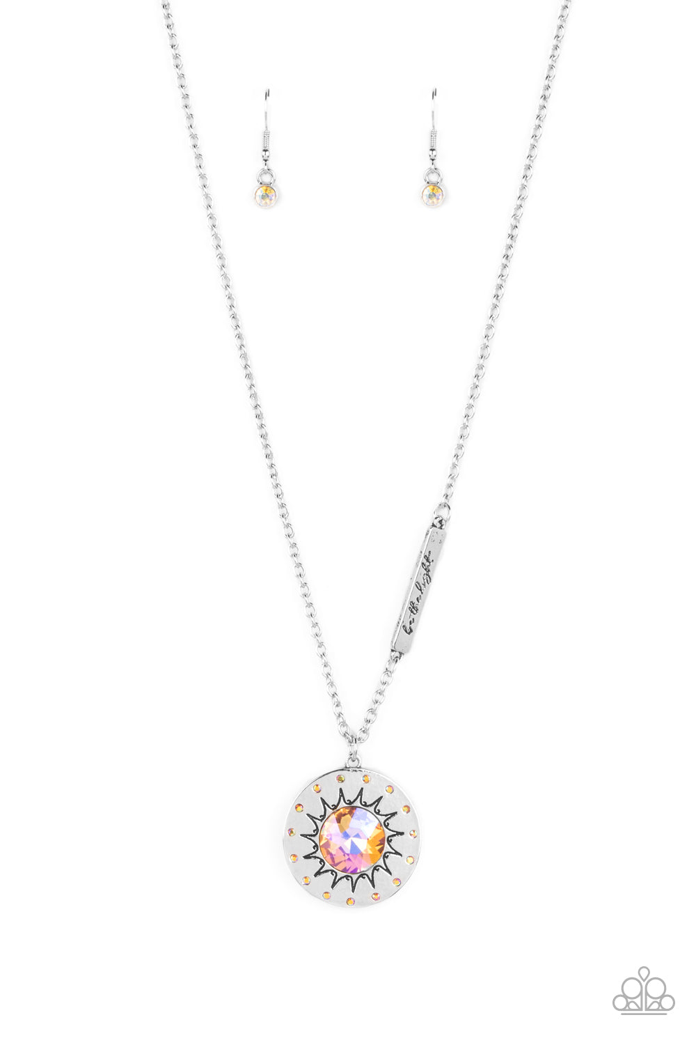 Paparazzi Accessories Sundial Dance - Orange Hanging from the bottom of a classic silver chain, a silver pendant, with a lightly hammered sheen rests. Stamped on the pendant, a sun outlines the center with dainty orange rhinestones outlining the shape. Br