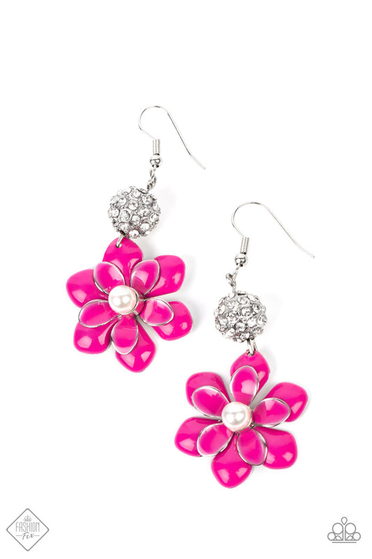 Paparazzi Accessories Bewitching Botany - Pink A sparkle-infused silver bead anchors a bright pink flower with a white pearl drop center. The layers of petals are accented by subtle silver borders, highlighting the handcrafted features of the design. Earr