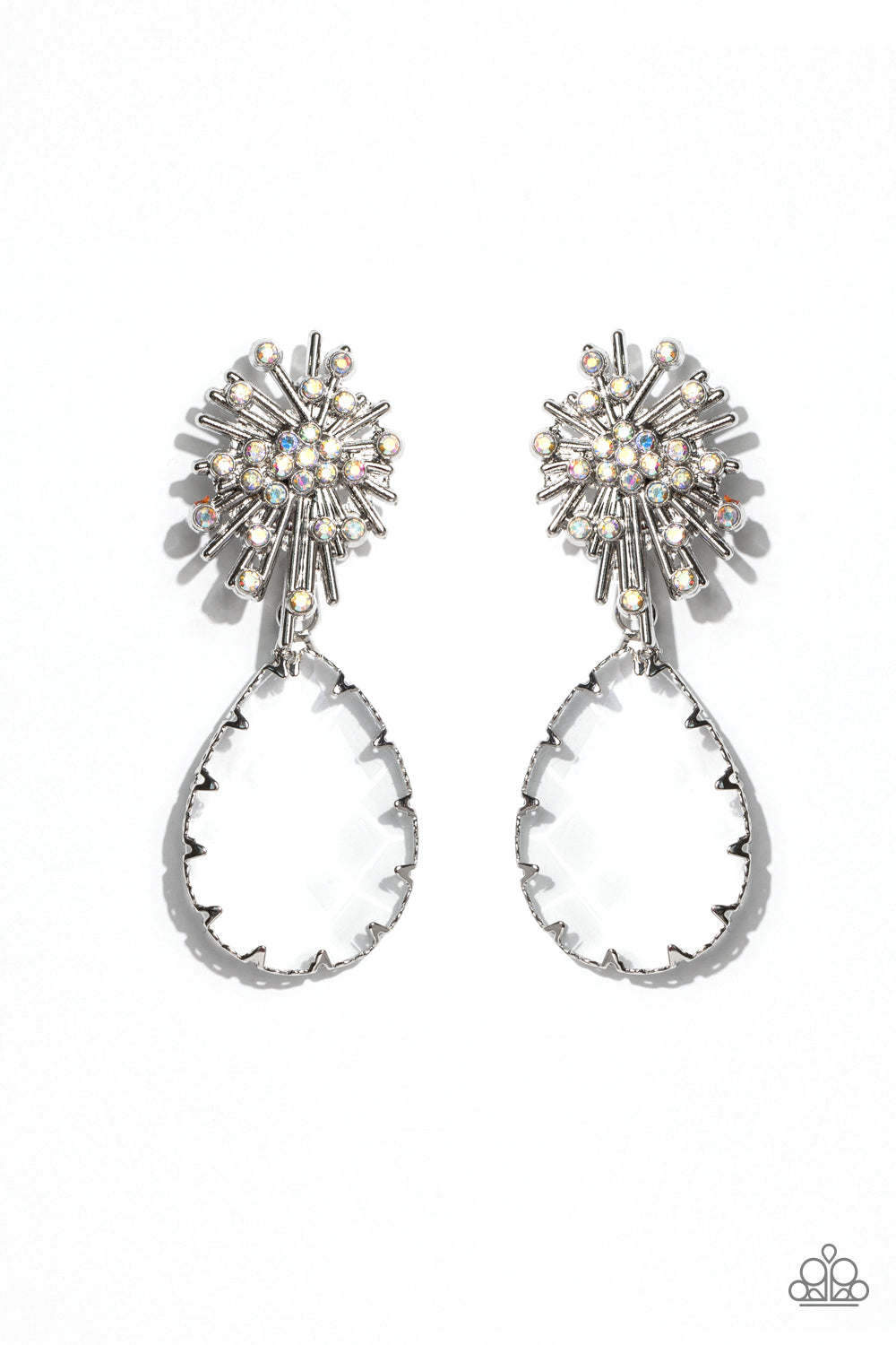 Paparazzi Accessories Stellar Shooting Star - Multi An explosion of radiating silver bars is topped with a sprinkle of iridescent rhinestones, creating a stellar anchoring point. Swinging below the starburst, an oversized, clear teardrop with a light-catc