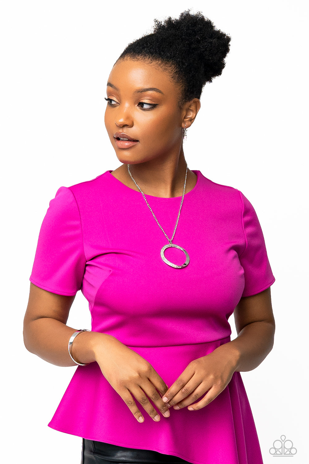 Paparazzi Accessories Encrusted Elegance - Multi An airy, oversized, warped, shiny silver hoop dangles down the chest from a classic silver chain. Two rows of dainty iridescent rhinestones encrust along the inner curve of the hoop for an understated, eleg