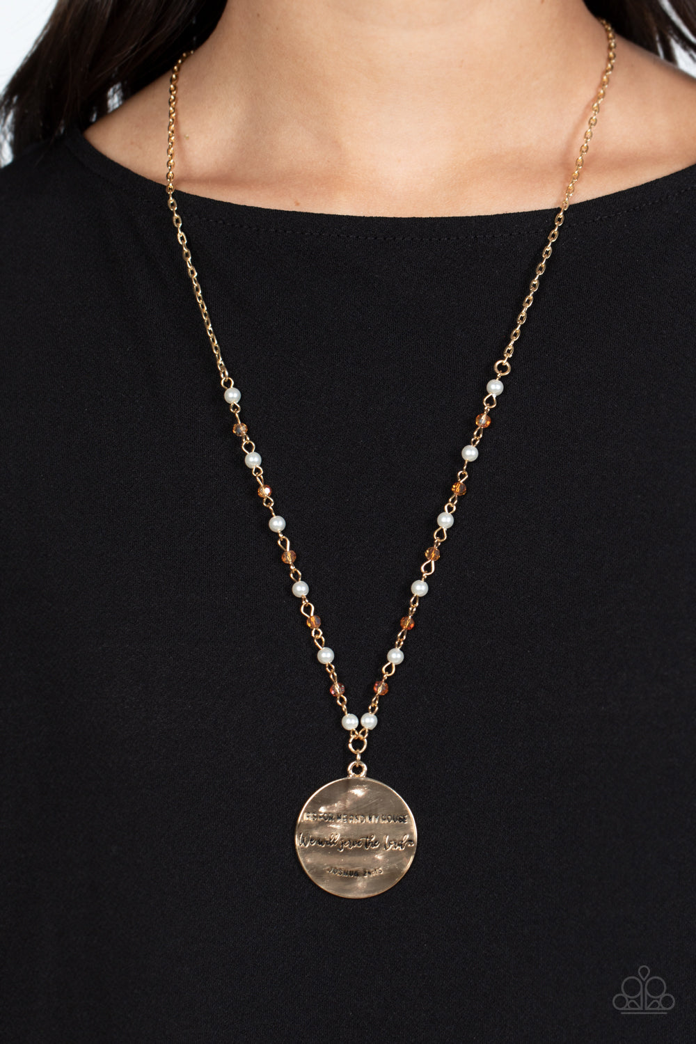 Paparazzi Accessories Serving the Lord - Gold Infused with glassy beads brushed in a gold undertone, and bubbly white pearls, an extended, dainty gold chain shimmers and shines down the chest. Hanging from the bottom of the light-reflecting chain, an over