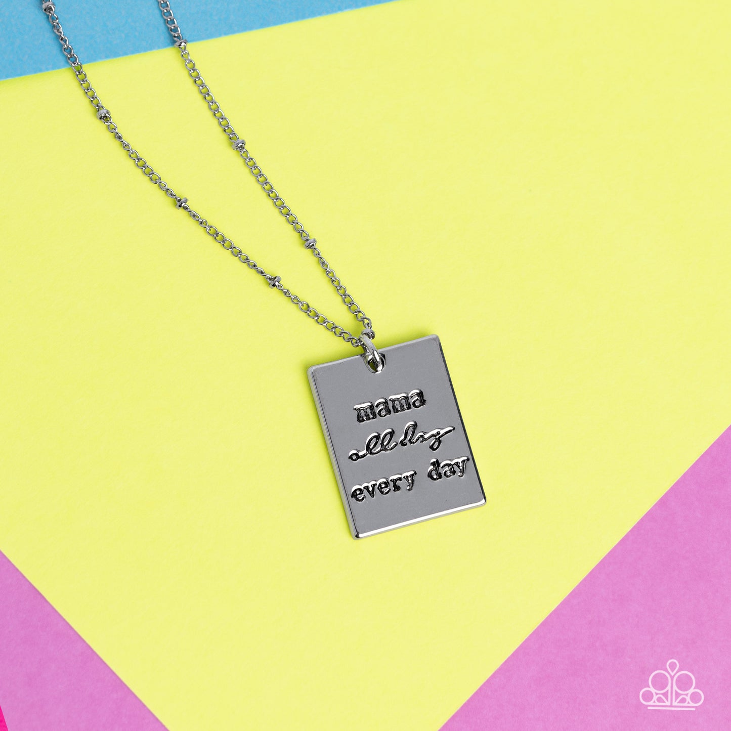 Paparazzi Accessories Mama MVP - Silver Infused with dainty silver studs on a dainty silver chain, a silver rectangular plate is stamped with the phrase "mama all day every day," for a monochromatic, minimalistic tribute. Features an adjustable clasp clos