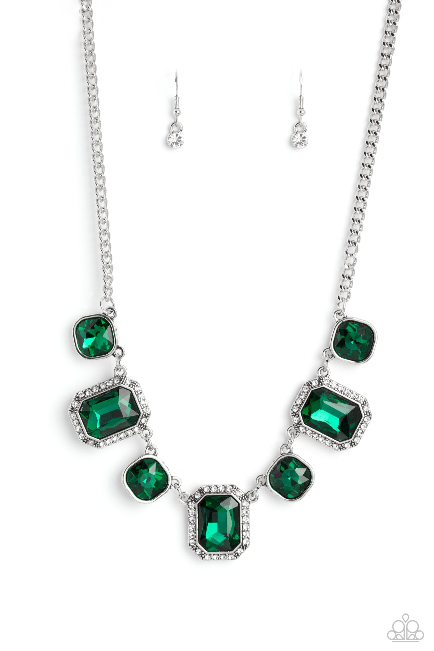 Paparazzi Accessories Royal Rumble - Green Dazzling gems, in both round and emerald-cuts, fall along the collar in an alternating pattern. Each gem is splashed in an emerald green hue amplifying its impact, while the emerald-cut gems showcase some glitter
