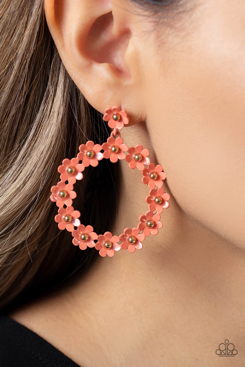 Paparazzi Accessories Daisy Meadows - Orange Hanging from a solitaire coral daisy, a dainty collection of coral daisies bloom into a free-spirited wreath below the ear. Gold studs gleam from the centers of the tactile flowers, adding an industrial sheen t