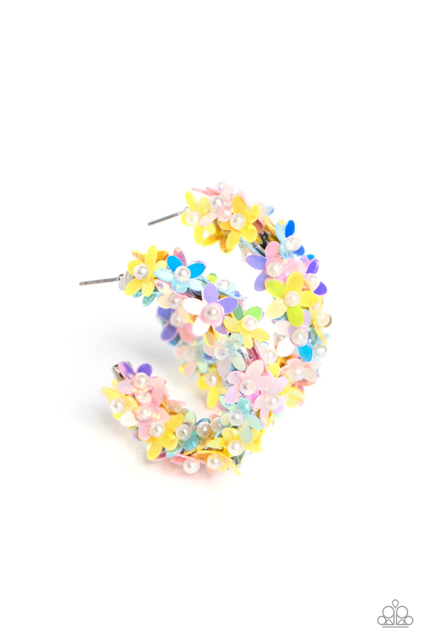 Paparazzi Accessories Fairy Fantasia - Multi A floral explosion, encompassing the entirety of a thick silver hoop, features reflective light blue, pink, and yellow flowers dotted with dainty pearl centers for a dreamy, whimsicality below the ear. Earring