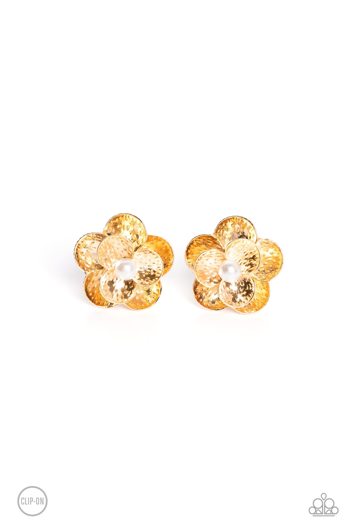 Paparazzi Accessories Miami Magic - Gold Flaring out from a white pearl center, gold flowers, featuring studded petals, grace the ear. An oversized gold flower, featuring the same studded design as the smaller flower, creates the 3D design and draws addit