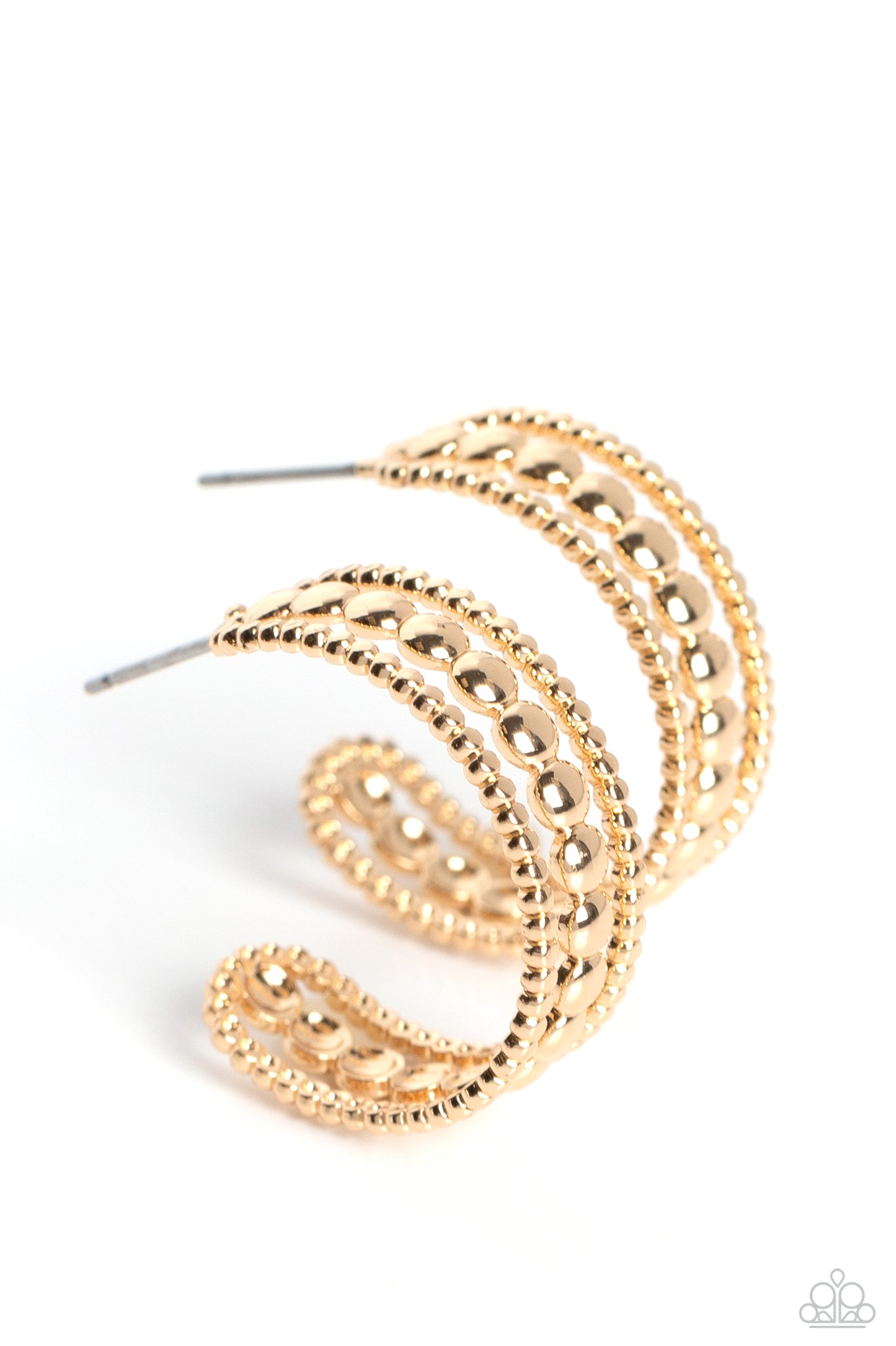 Paparazzi Accessories Dotted Darling - Gold A row of high-sheen gold studs runs down the center of an airy gold hoop for an edgy look. Layering against the centermost studs, smaller gold studs grace both sides of the hoop creating additional eye-catching