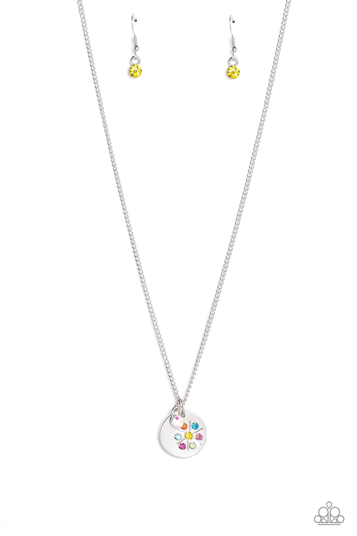 Paparazzi Accessories Dandelion Delight - Multi Falling from a dainty silver chain, a silver disc is embossed with colorful rhinestones that encircle around a dandelion stamped shape. Gliding next to the silver disc, a solitaire iridescent rhinestone set