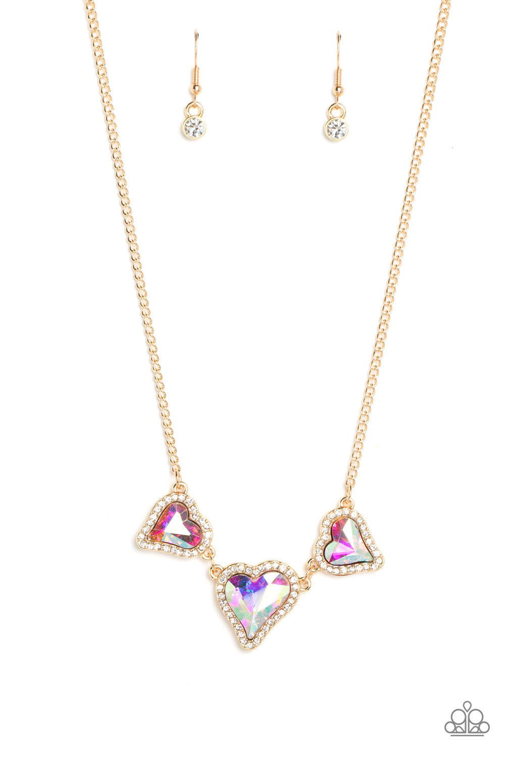 Paparazzi Accessories State of the HEART - Gold Nestled in white rhinestone frames, a trio of glittery iridescent heart-shaped gems delicately links and dangles down the neckline for a dash of swoon-worthy shimmer on a gold chain. Features an adjustable c