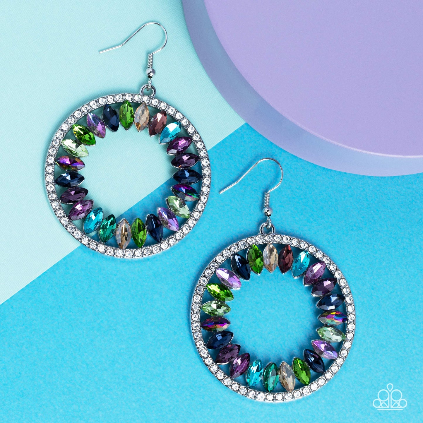 Paparazzi Accessories Wall Street Wreaths - Multi Encircled in a radiant white rhinestone border, marquise-cut gems in various multicolored hues spin around the inner circumference of a silver hoop, coalescing into a refined shimmer below the ear. Earring