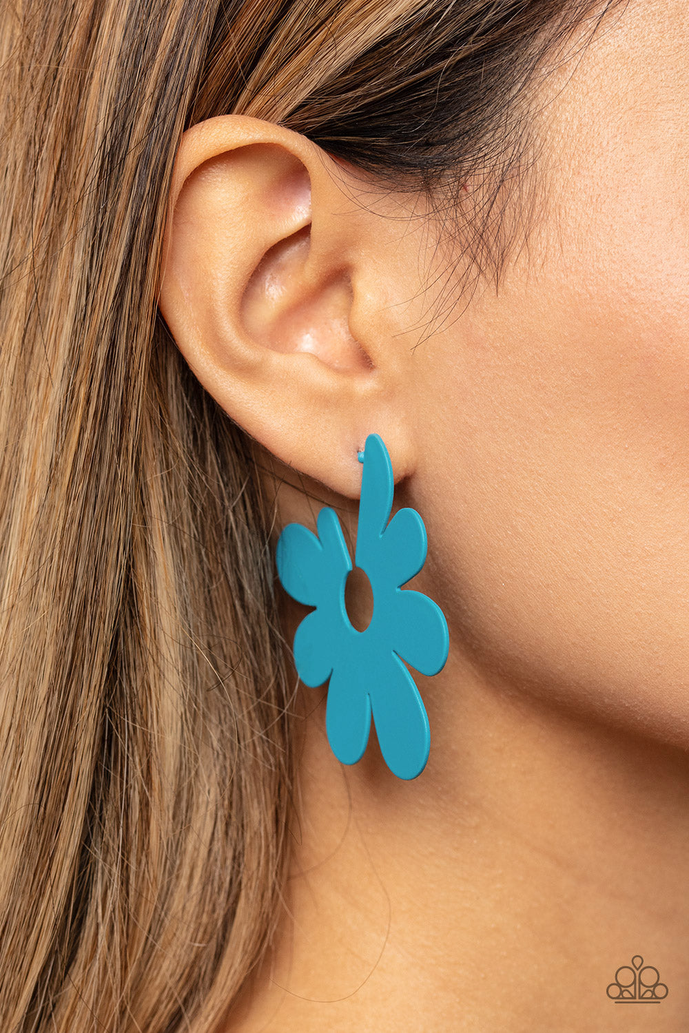 Paparazzi Accessories Flower Power Fantasy - Blue Asymmetrical, oversized blue petals bloom into an abstract flower hoop for a fashionable, attention-grabbing pop of color around the ear. Earring attaches to a standard post fitting. Hoop measures approxim