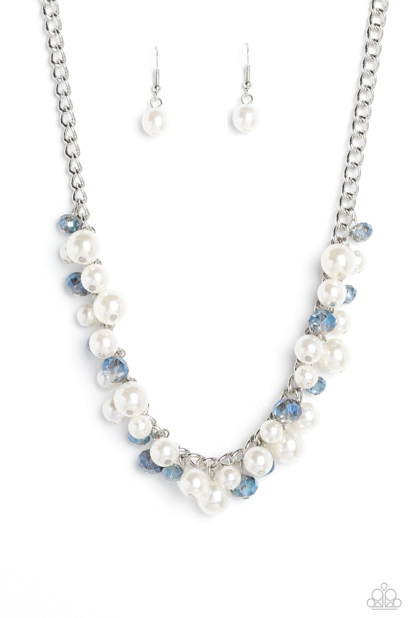 Paparazzi Accessories Glinting Goddess - Blue A faceted collection of glassy, blue crystal-like beads and classic white pearls in varying sizes flickers and flashes below the collar on a thick silver curb chain for a refined shimmer. Features an adjustabl