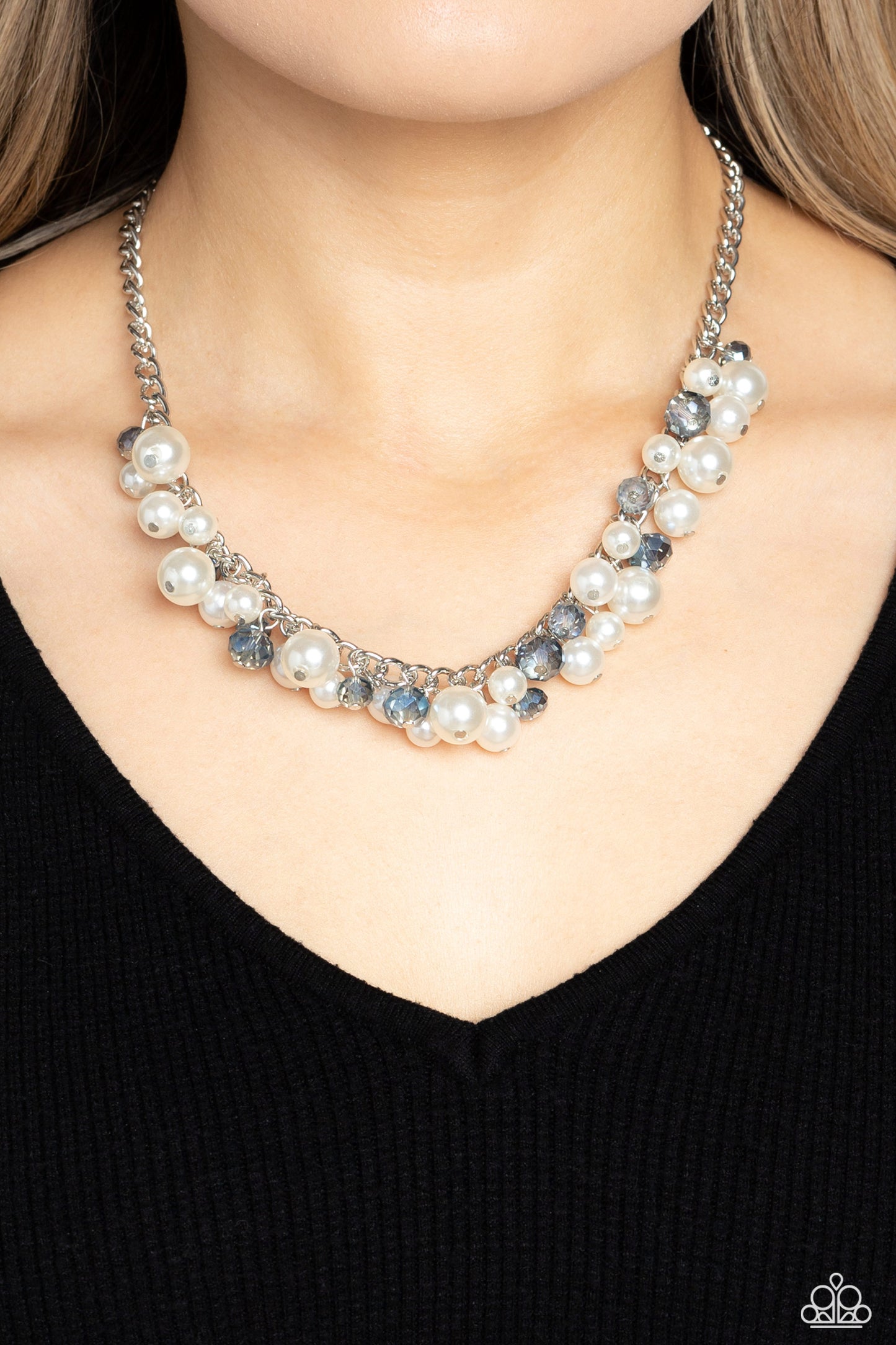 Paparazzi Accessories Glinting Goddess - Blue A faceted collection of glassy, blue crystal-like beads and classic white pearls in varying sizes flickers and flashes below the collar on a thick silver curb chain for a refined shimmer. Features an adjustabl