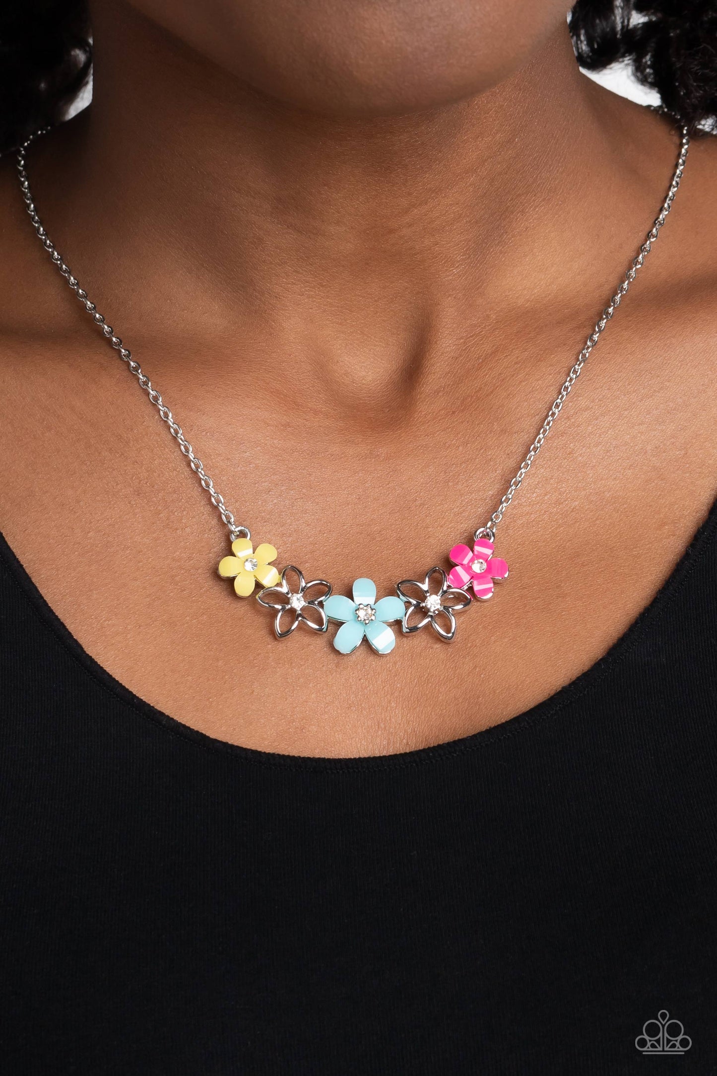 Paparazzi Accessories WILDFLOWER About You - Blue Airy silver flowers with white gem centers intermingle with Primrose, Pink Peacock, and Waterspout smooth acrylic flowers that also bloom around dainty white gem centers for a colorfully floral display bel