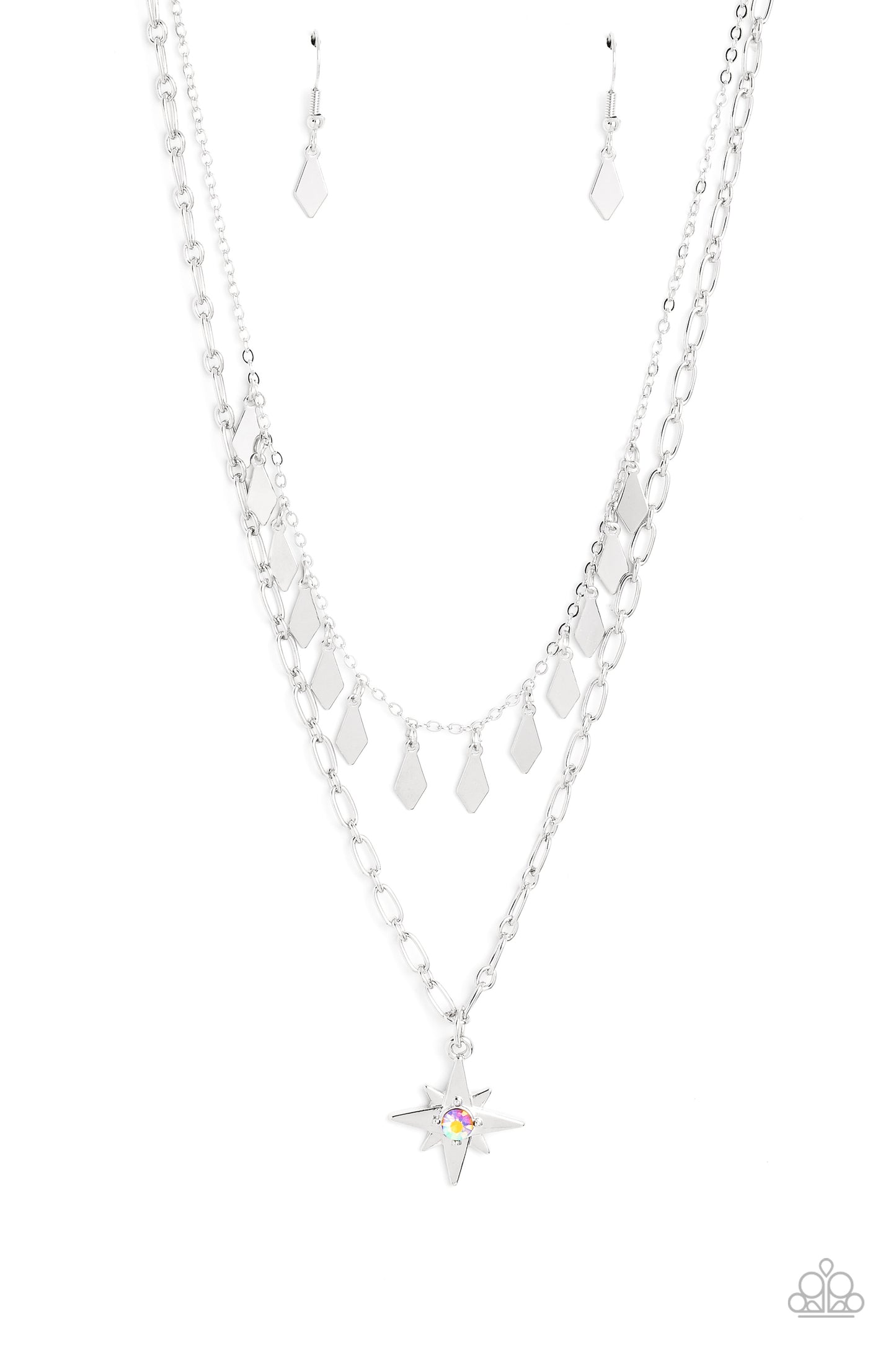 Paparazzi Accessories The Second Star To The LIGHT - Orange A three-dimensional silver star, dotted with a single orange-iridescent rhinestone glides on a paperclip chain down the neckline for an out of-this-world vibe. Flat and flared silver frames dance