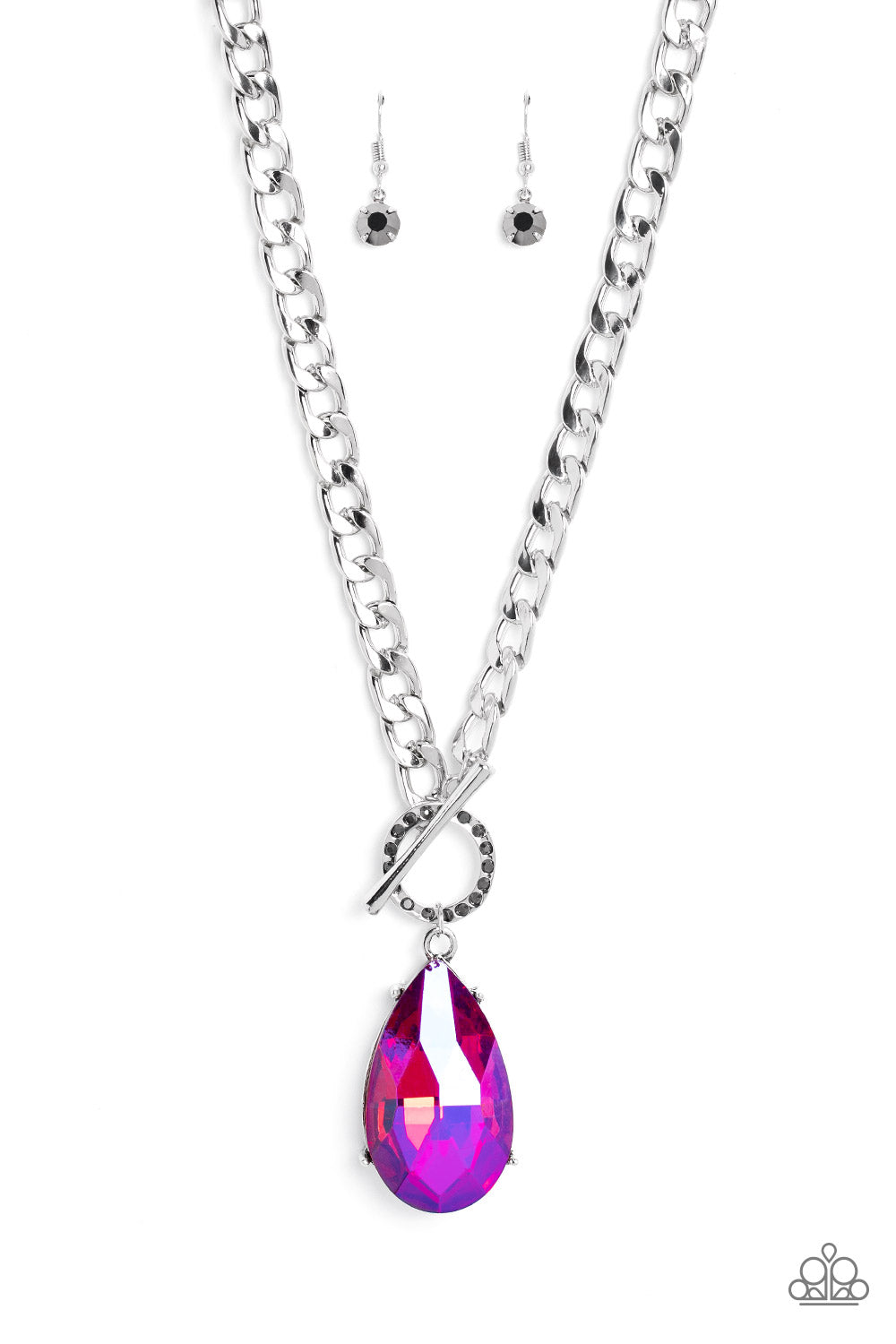 Paparazzi Accessories Edgy Exaggeration - Pink Featuring an elegant lariat closure, an oversized, faceted, stellar pink UV shimmery teardrop gem, encased in an elevated pronged silver frame cascades from the bottom of a silver curb chain in a whimsical fa