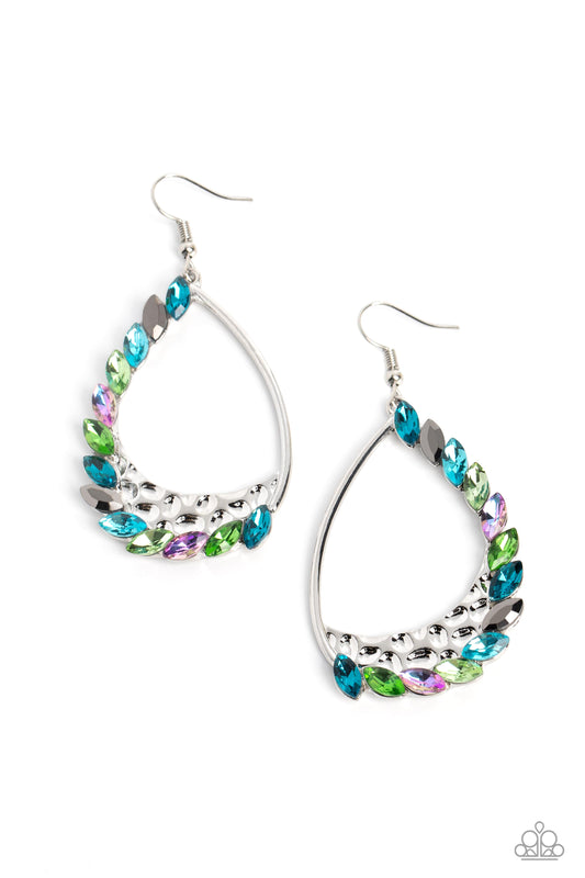 Paparazzi Accessories Looking Sharp - Multi A sharp collection of reflective blue, green, pink, light blue, light green, and hematite marquise-cut gems embellish and curve up one side of a gritty teardrop frame, creating an edgy embellishment. Creating ad