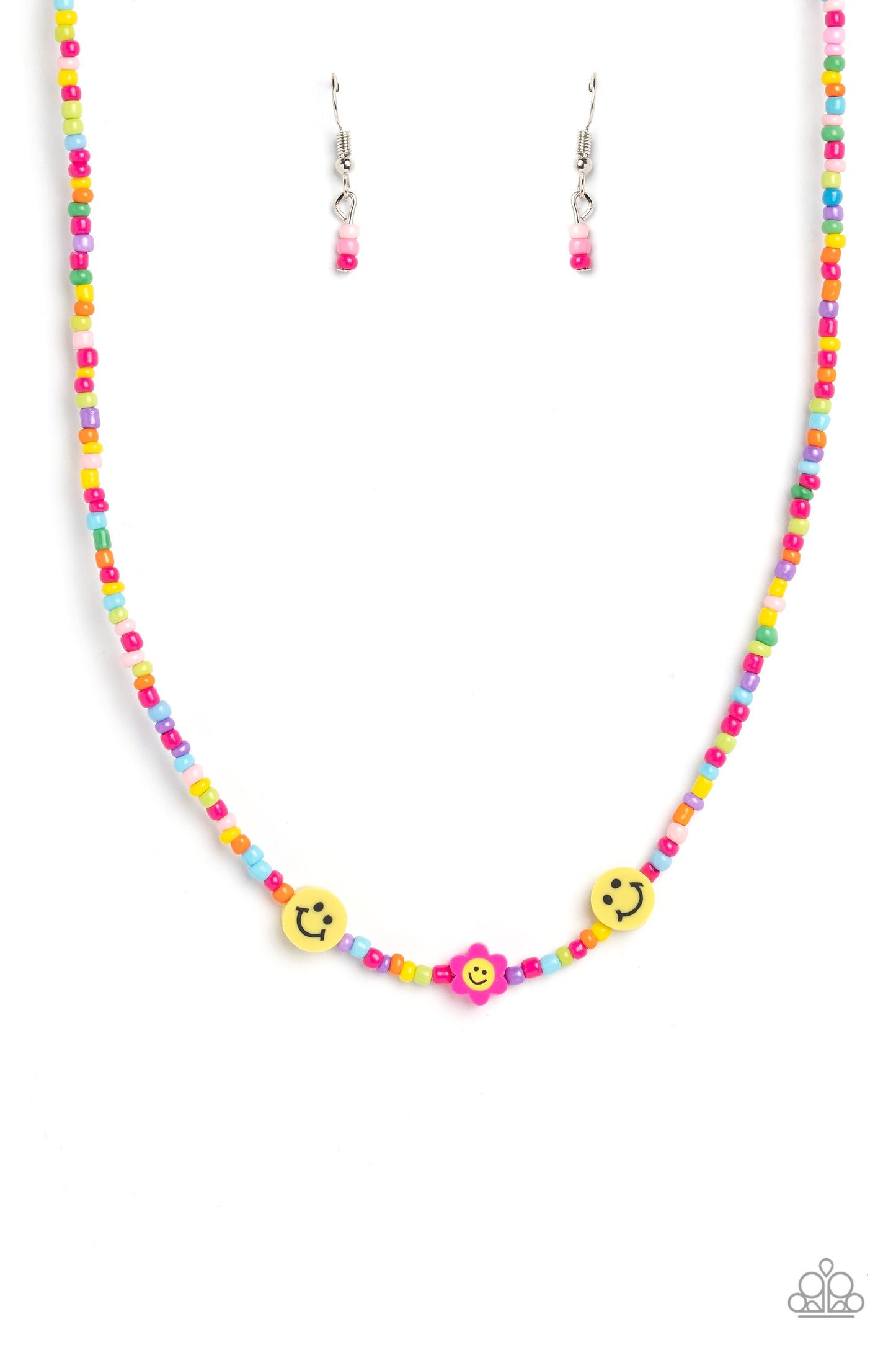 Paparazzi Accessories Flower Power Pageant - Pink Bright colorful seed beads are threaded along a wire, falling along the collar in a capricious pattern. Bringing additional charm to the design, yellow smiley face beads, and a pink flower with a yellow sm