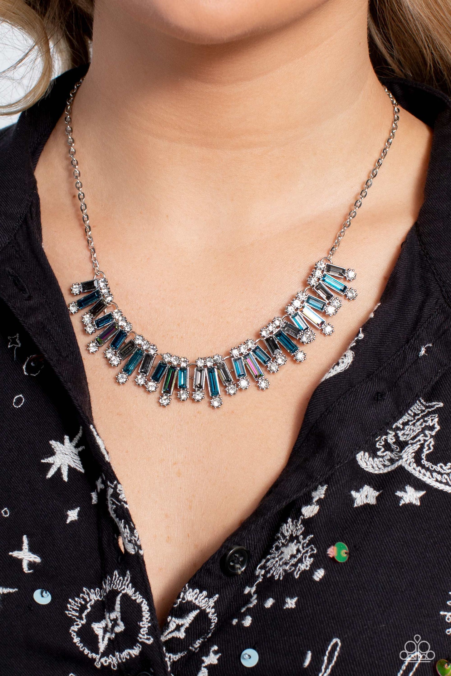 Paparazzi Accessories Sunburst Season - Multi Set in clusters around the neckline, a collection of shiny multicolored bars with a reflective finish glimmer. Dainty white gems, pressed into silver sun-studded frames, border the tops and bottoms of the colo