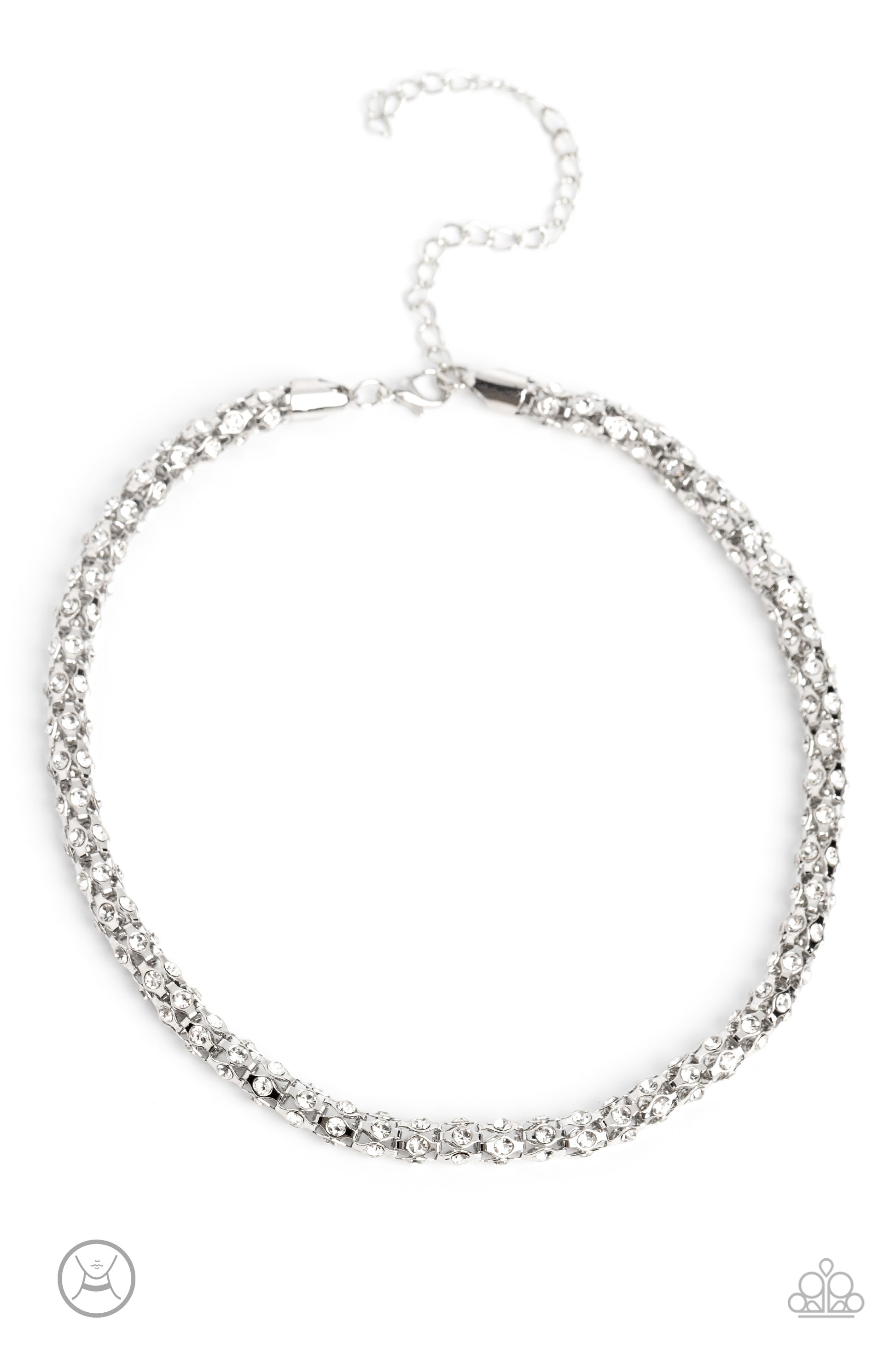 Paparazzi Accessories Eternal Effulgence - White Patterned after a mesh chain pattern, a shimmery collection of dainty white rhinestones, wrapped in high-sheen silver frames coalesces around the collar exuding an eternal, ethereal effect. Features an adju