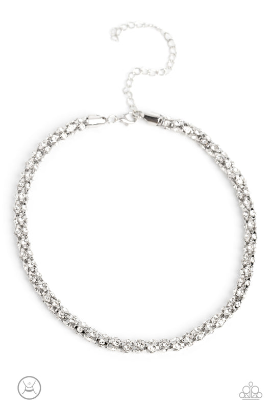 Paparazzi Accessories Eternal Effulgence - White Patterned after a mesh chain pattern, a shimmery collection of dainty white rhinestones, wrapped in high-sheen silver frames coalesces around the collar exuding an eternal, ethereal effect. Features an adju