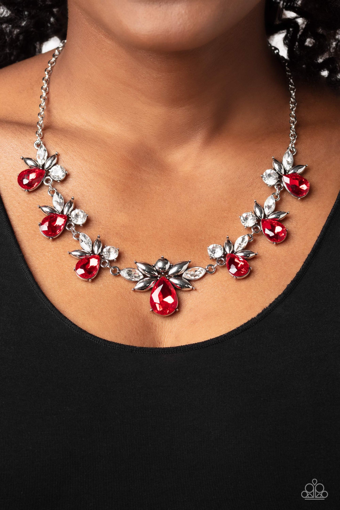 Paparazzi Accessories Explosive Effulgence - Red Vibrant red teardrops with explosions of white gems, and silver and white marquise-cut gems fanning around it, elegantly trickle into refined clusters along a shimmery silver chain, creating a timeless geom