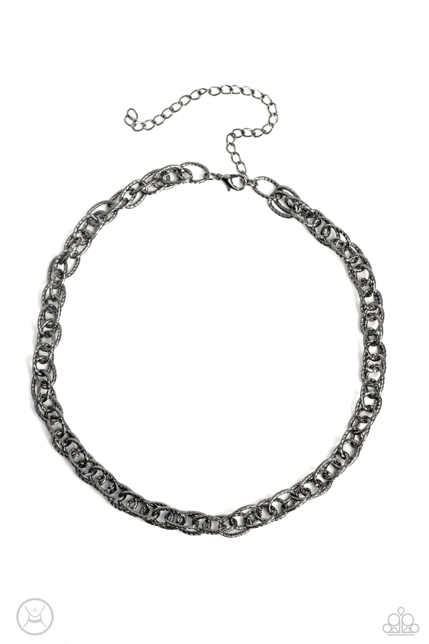 Paparazzi Accessories If I Only Had a CHAIN - Black A strand of textured double gunmetal links drapes down the neckline in a stunning industrial display. The textured links catch and reflect the light at every angle, adding breathtaking shimmer to the mon