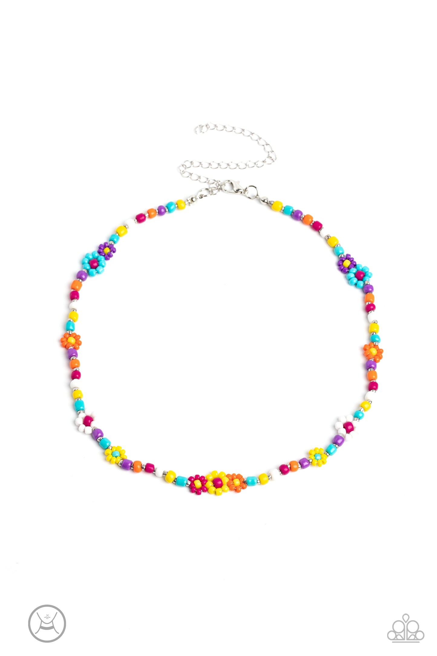 Paparazzi Accessories Flower Child Flair - Multi 2 Multicolored seed beads and silver accents are threaded along a wire, falling along the collar in a capricious pattern. Creating additional charm to the design, colorful seed bead flowers in varying sizes
