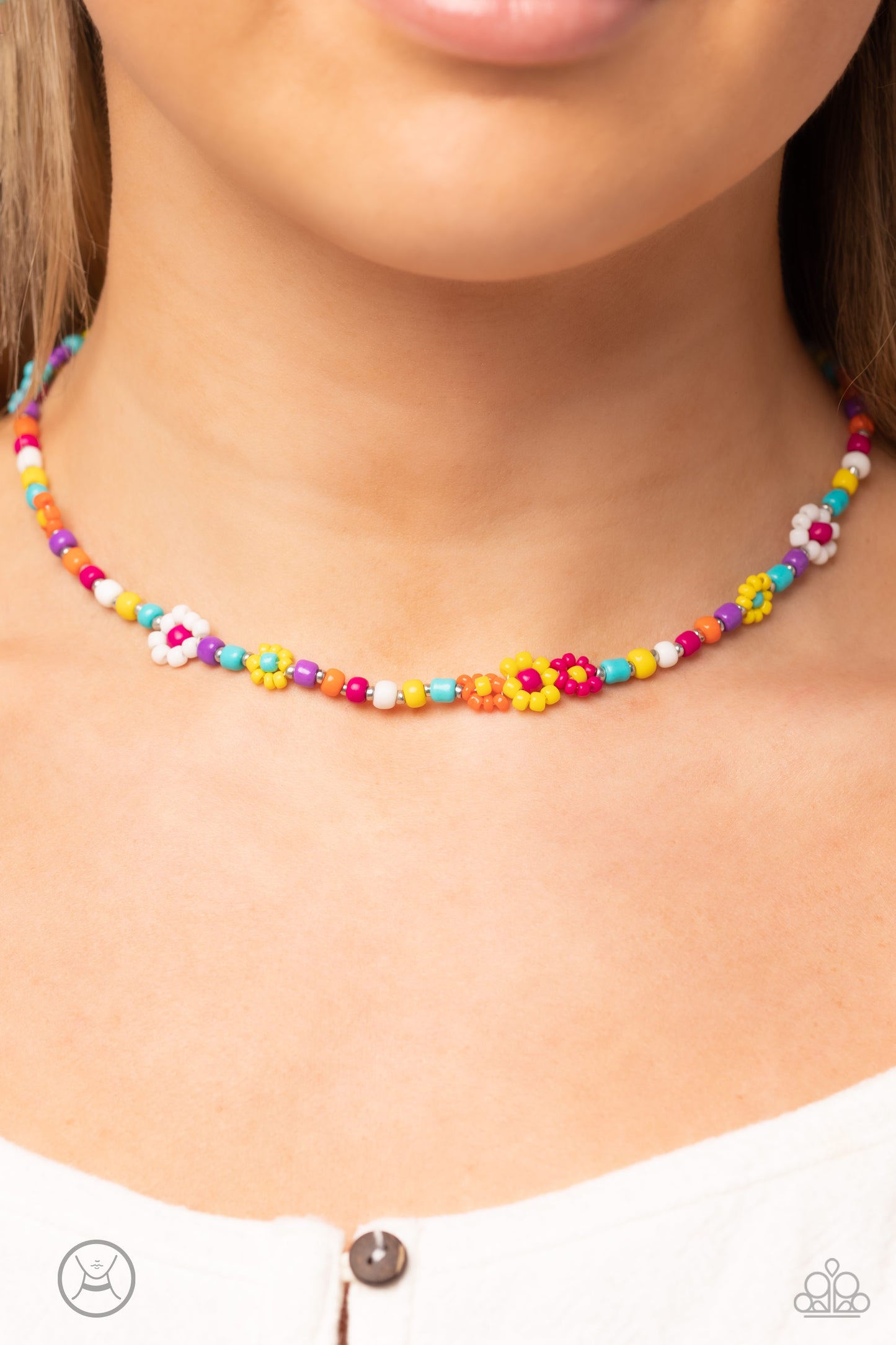 Paparazzi Accessories Flower Child Flair - Multi 2 Multicolored seed beads and silver accents are threaded along a wire, falling along the collar in a capricious pattern. Creating additional charm to the design, colorful seed bead flowers in varying sizes