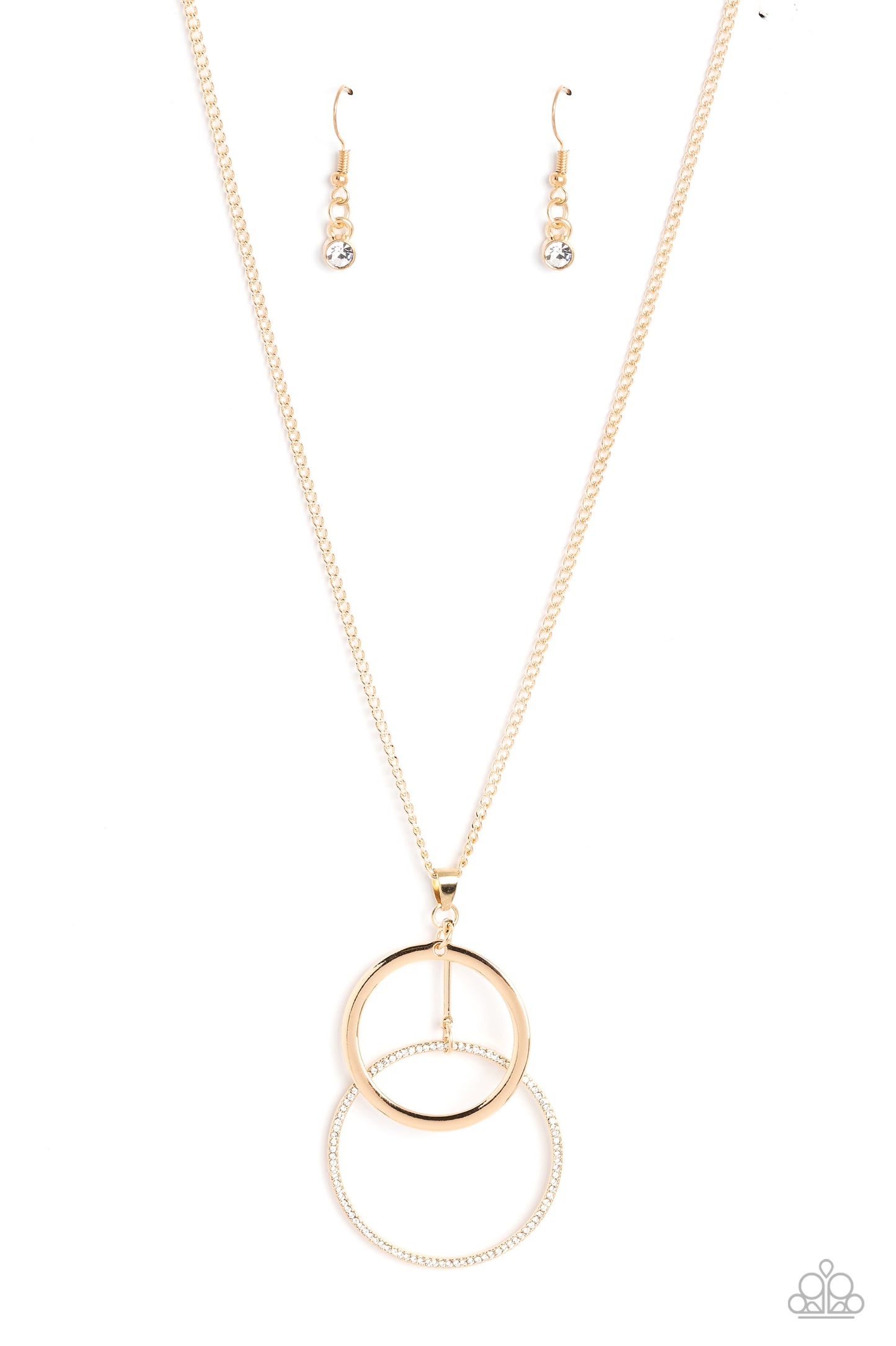 Paparazzi Accessories Wishing Well Whimsy - Gold Falling from a classic gold chain, a high-sheen gold ring is overlapped by a bigger gold ring embossed with dainty white rhinestones for a simple, scintillating statement. Features an adjustable clasp closu