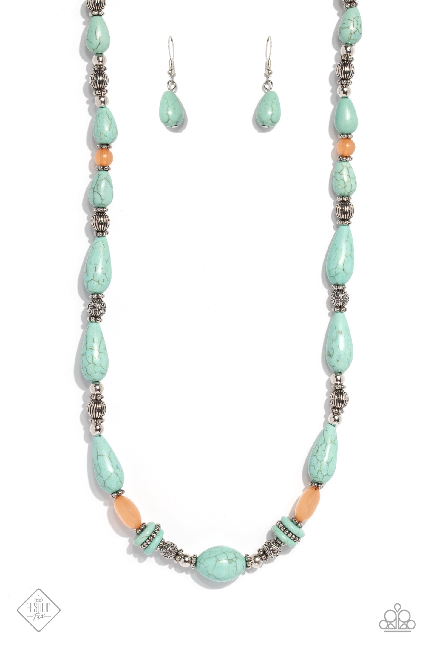 Paparazzi Accessories Nile River Redux - Blue Infused along an invisible wire, muted turquoise stones in various sizes, striped silver beads, textured silver beads, floral silver wheel beads, silver accents, and milky coral beads in varying sizes combine