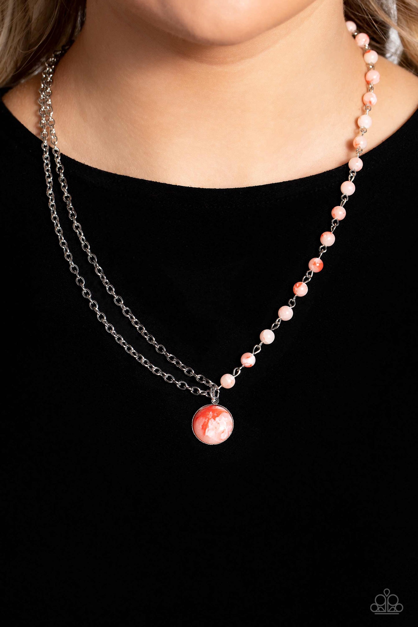 Paparazzi Accessories Local Legend - Orange Dangling from a classic silver chain, an orange stone, spotted with multicolored specks rests below the collar. A silver chain, infused with stony beads in the same orange, spotted hue adds further earthiness to