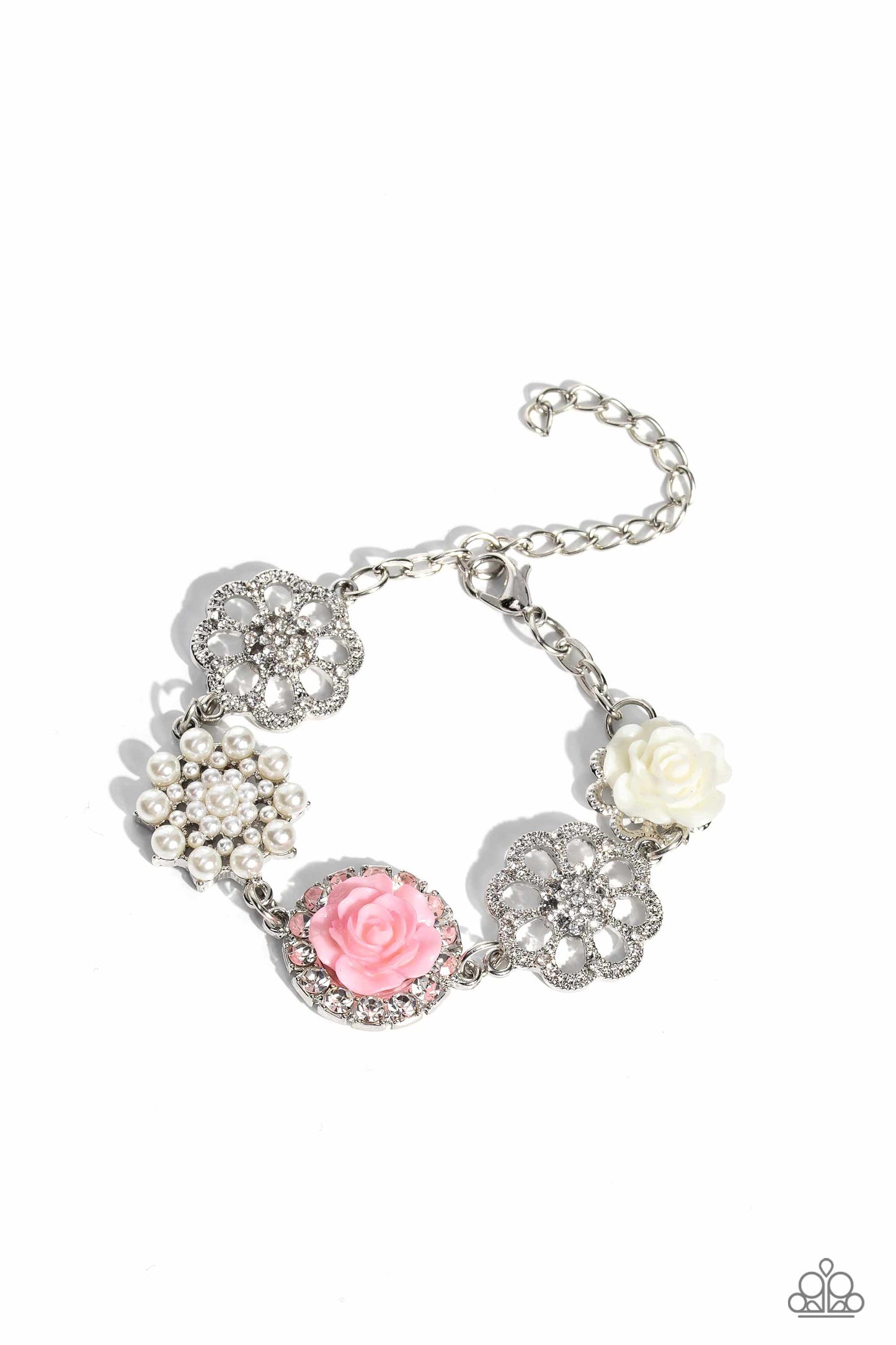 Paparazzi Accessories Tea Party Theme - Pink A collection of whimsical, refined flowers gathers along a flat, sleek silver link chain. The featured charms include an ivory resin rose blooming atop a glittery silver floral silhouette, two silver flowers du