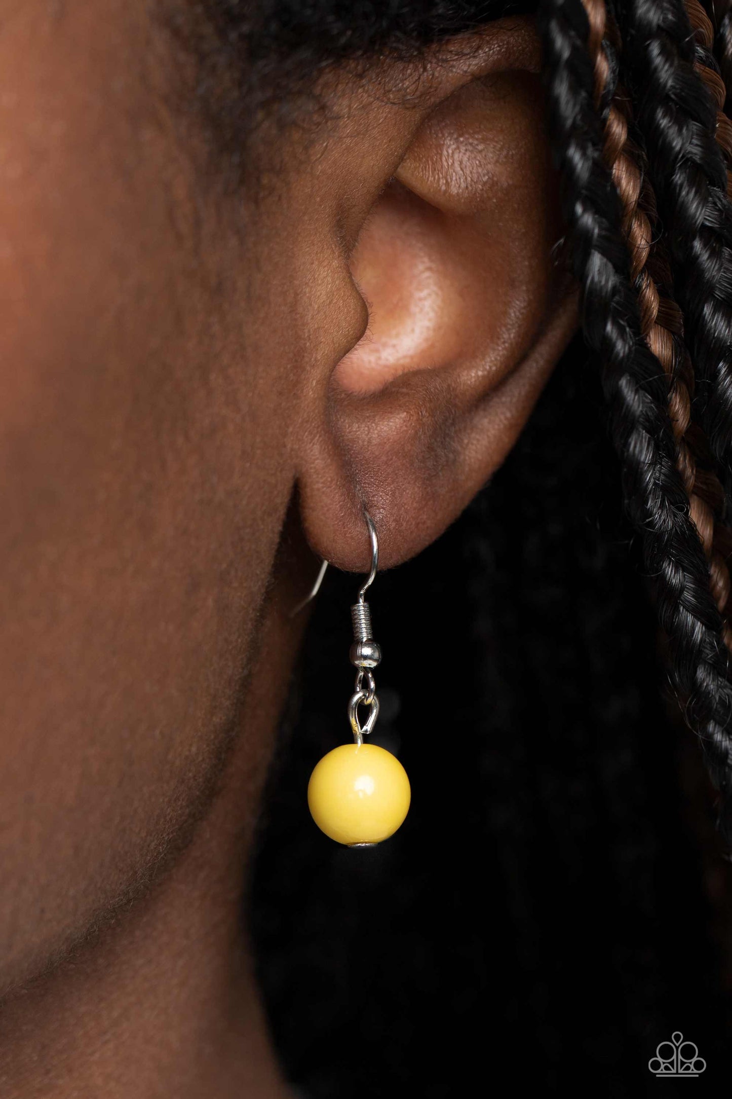 Paparazzi Accessories Fetching Filigree - Yellow Rows of oversized silver filigree frames stack into a crescent-shape that is anchored by additional silver filigree frames that layer down the neckline. Featured in the center of the lowermost circular fram