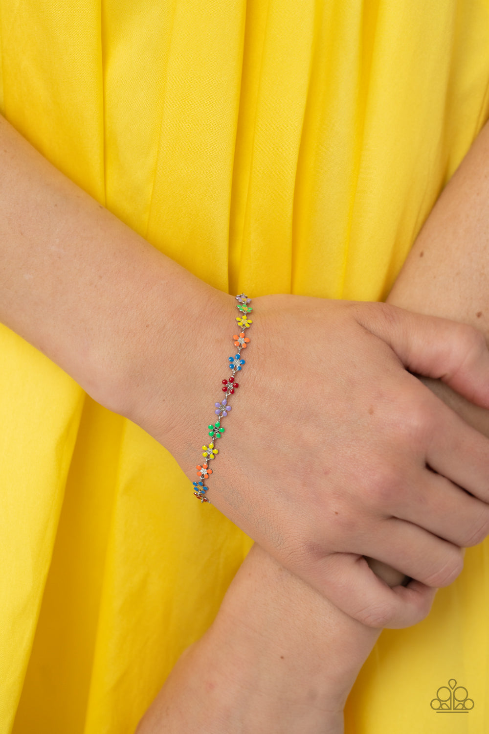 Paparazzi Accessories Courting Flowers - Multi Dotted with dainty silver flower centers, colorful petaled flowers link around the wrist for a colorfully seasonal look. Features an adjustable clasp closure. Sold as one individual bracelet. Get The Complete